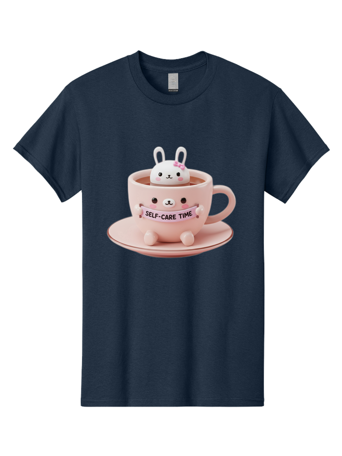 Self-Care-Time Men'S Graphic Tee, 100% Cotton, Comfortable Casual Summer Wear, Machine Washable, Cute Rabbit Figurine, Adorable Design, Self Care, Relaxation, Pastel Colors, Tea Cup, Soothing Atmosphere, Calming Decor, Pink Hues, Bae087