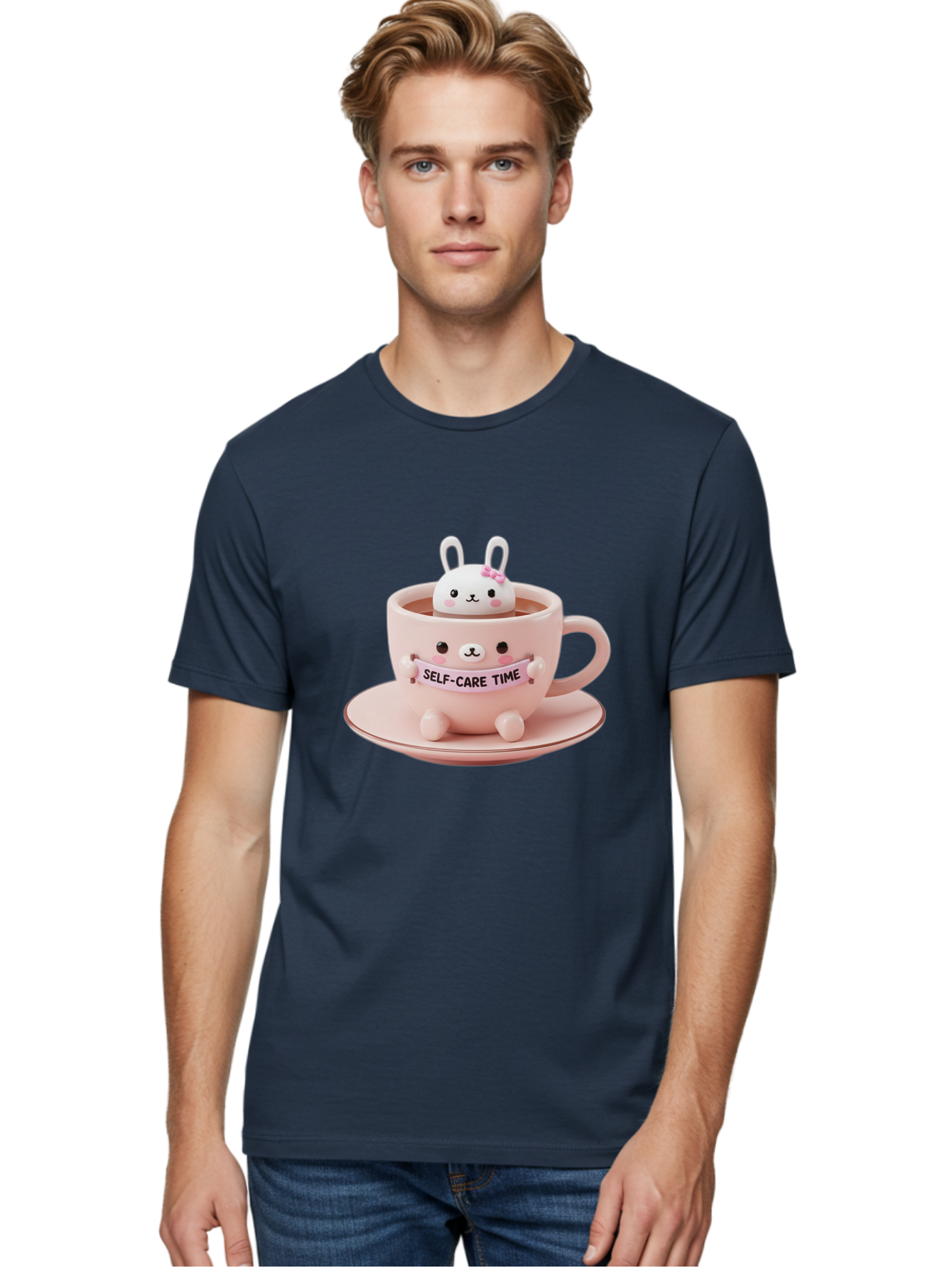 Self-Care-Time Men'S Graphic Tee, 100% Cotton, Comfortable Casual Summer Wear, Machine Washable, Cute Rabbit Figurine, Adorable Design, Self Care, Relaxation, Pastel Colors, Tea Cup, Soothing Atmosphere, Calming Decor, Pink Hues, Bae087