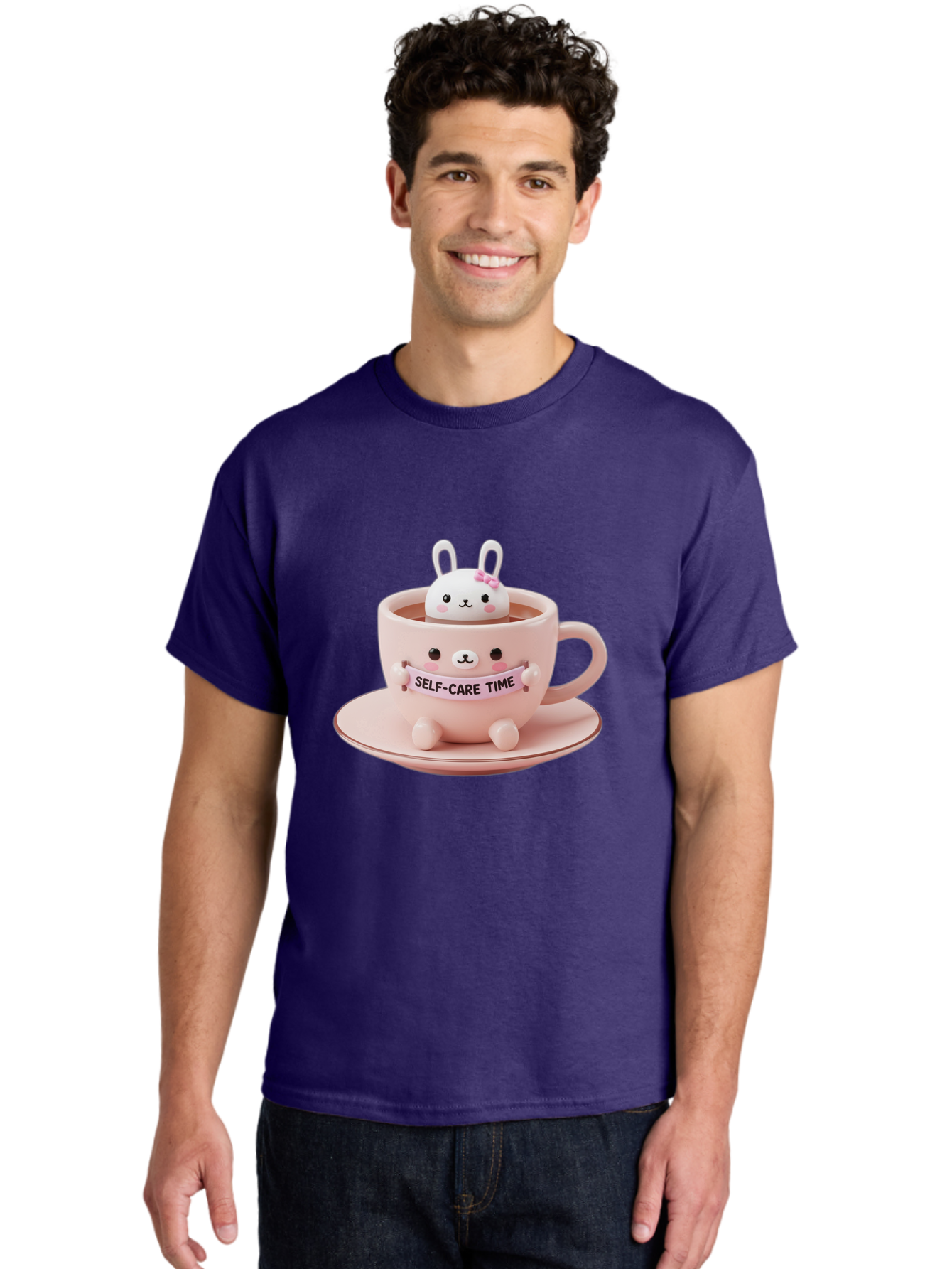 Self-Care-Time Men'S Graphic Tee, 100% Cotton, Comfortable Casual Summer Wear, Machine Washable, Cute Rabbit Figurine, Adorable Design, Self Care, Relaxation, Pastel Colors, Tea Cup, Soothing Atmosphere, Calming Decor, Pink Hues, Bae087