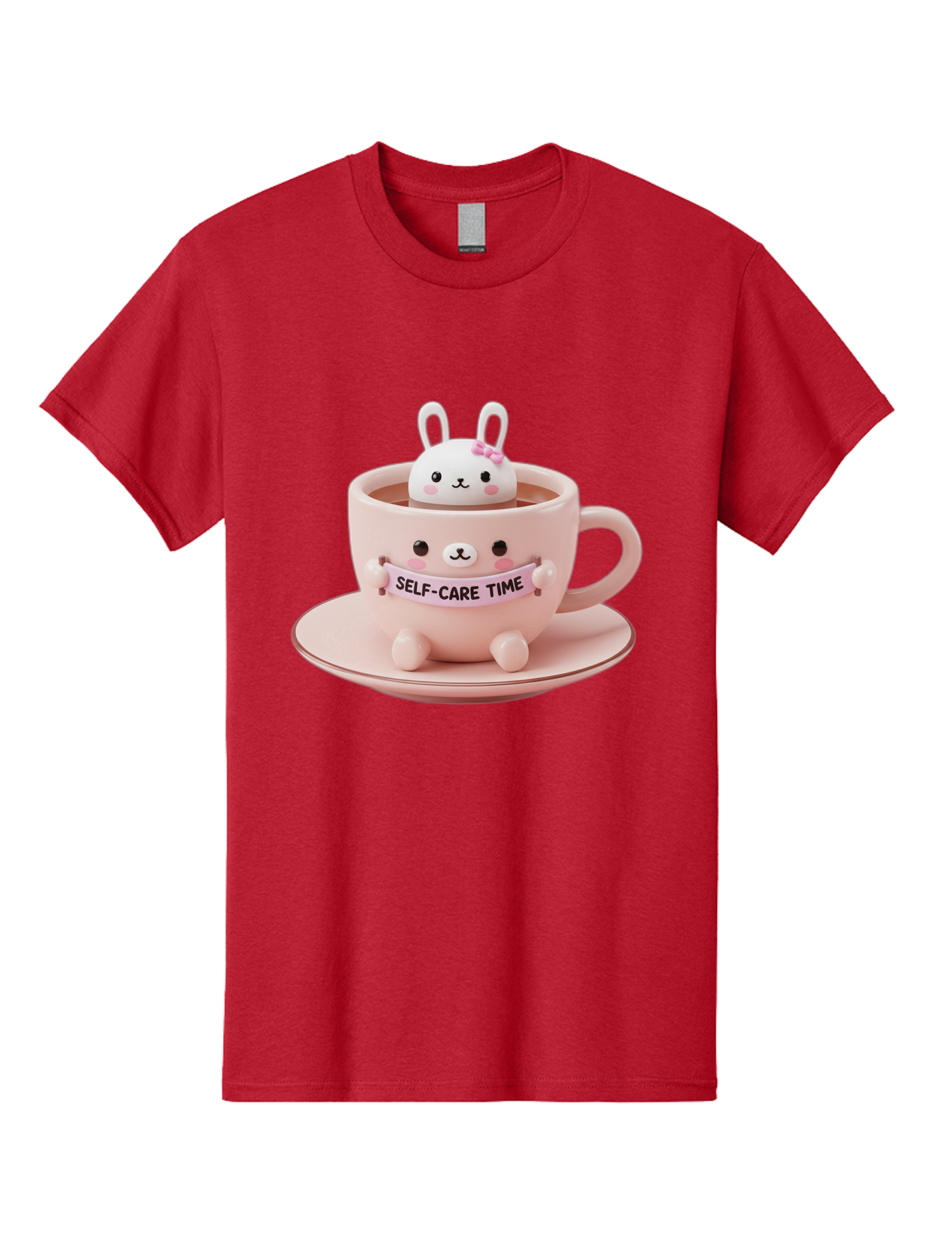 Self-Care-Time Men'S Graphic Tee, 100% Cotton, Comfortable Casual Summer Wear, Machine Washable, Cute Rabbit Figurine, Adorable Design, Self Care, Relaxation, Pastel Colors, Tea Cup, Soothing Atmosphere, Calming Decor, Pink Hues, Bae087