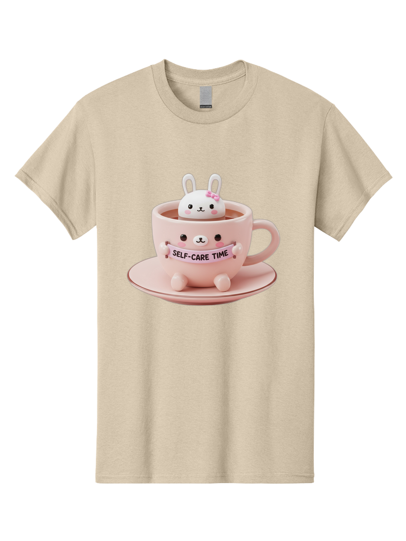 Self-Care-Time Men'S Graphic Tee, 100% Cotton, Comfortable Casual Summer Wear, Machine Washable, Cute Rabbit Figurine, Adorable Design, Self Care, Relaxation, Pastel Colors, Tea Cup, Soothing Atmosphere, Calming Decor, Pink Hues, Bae087