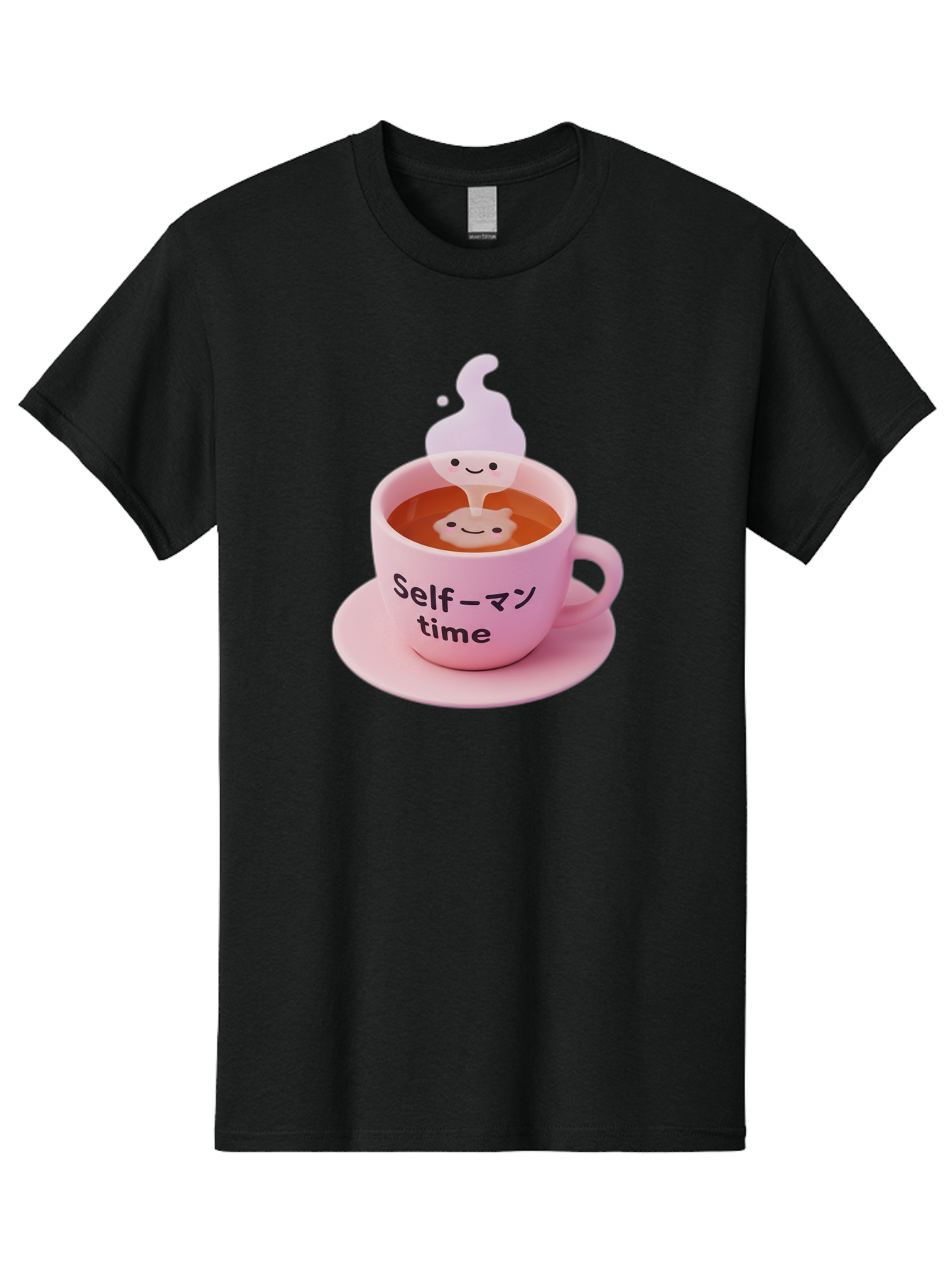 Self-Time Men'S Graphic Tee, 100% Cotton, Comfortable Casual Summer Wear, Machine Washable, Pink Tea Cup, Saucer, Self Care, Relaxation, Mental Wellness, Mindfulness, Cute Figurine, Kawaii, Smiling Face, Tea Time, Serene Atmosphere, Bae088