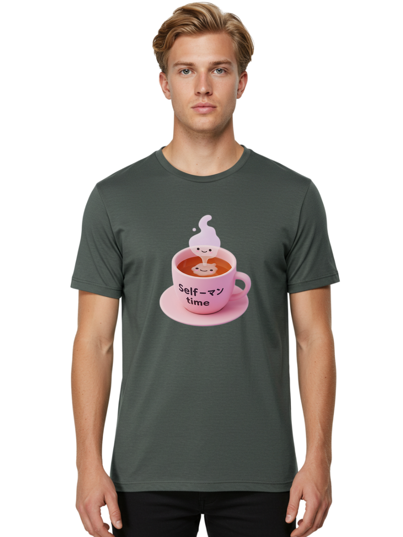 Self-Time Men'S Graphic Tee, 100% Cotton, Comfortable Casual Summer Wear, Machine Washable, Pink Tea Cup, Saucer, Self Care, Relaxation, Mental Wellness, Mindfulness, Cute Figurine, Kawaii, Smiling Face, Tea Time, Serene Atmosphere, Bae088