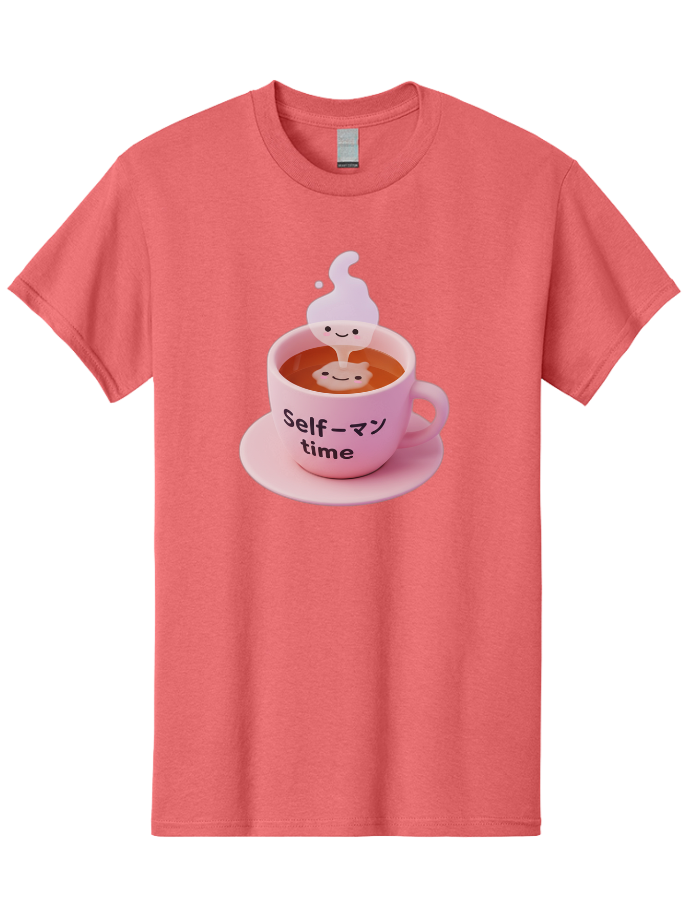 Self-Time Men'S Graphic Tee, 100% Cotton, Comfortable Casual Summer Wear, Machine Washable, Pink Tea Cup, Saucer, Self Care, Relaxation, Mental Wellness, Mindfulness, Cute Figurine, Kawaii, Smiling Face, Tea Time, Serene Atmosphere, Bae088