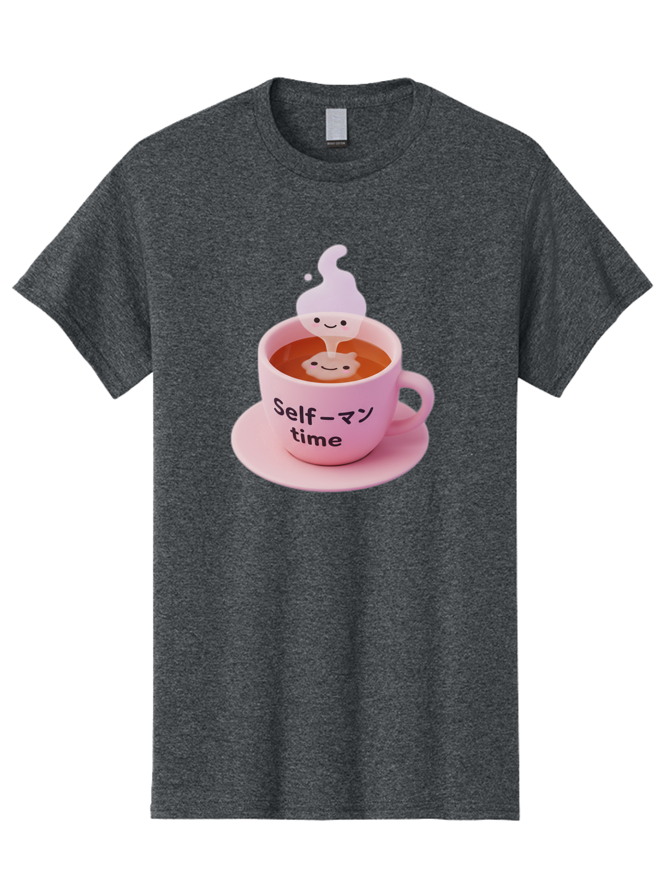 Self-Time Men'S Graphic Tee, 100% Cotton, Comfortable Casual Summer Wear, Machine Washable, Pink Tea Cup, Saucer, Self Care, Relaxation, Mental Wellness, Mindfulness, Cute Figurine, Kawaii, Smiling Face, Tea Time, Serene Atmosphere, Bae088