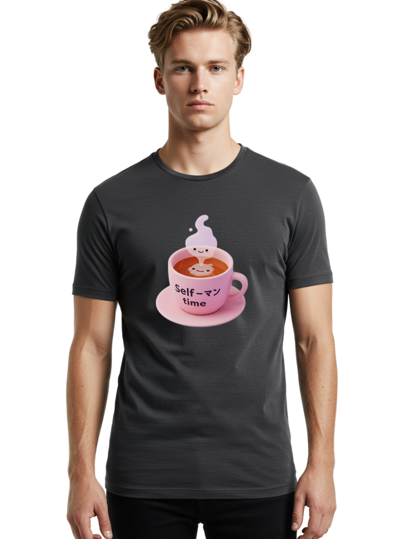 Self-Time Men'S Graphic Tee, 100% Cotton, Comfortable Casual Summer Wear, Machine Washable, Pink Tea Cup, Saucer, Self Care, Relaxation, Mental Wellness, Mindfulness, Cute Figurine, Kawaii, Smiling Face, Tea Time, Serene Atmosphere, Bae088