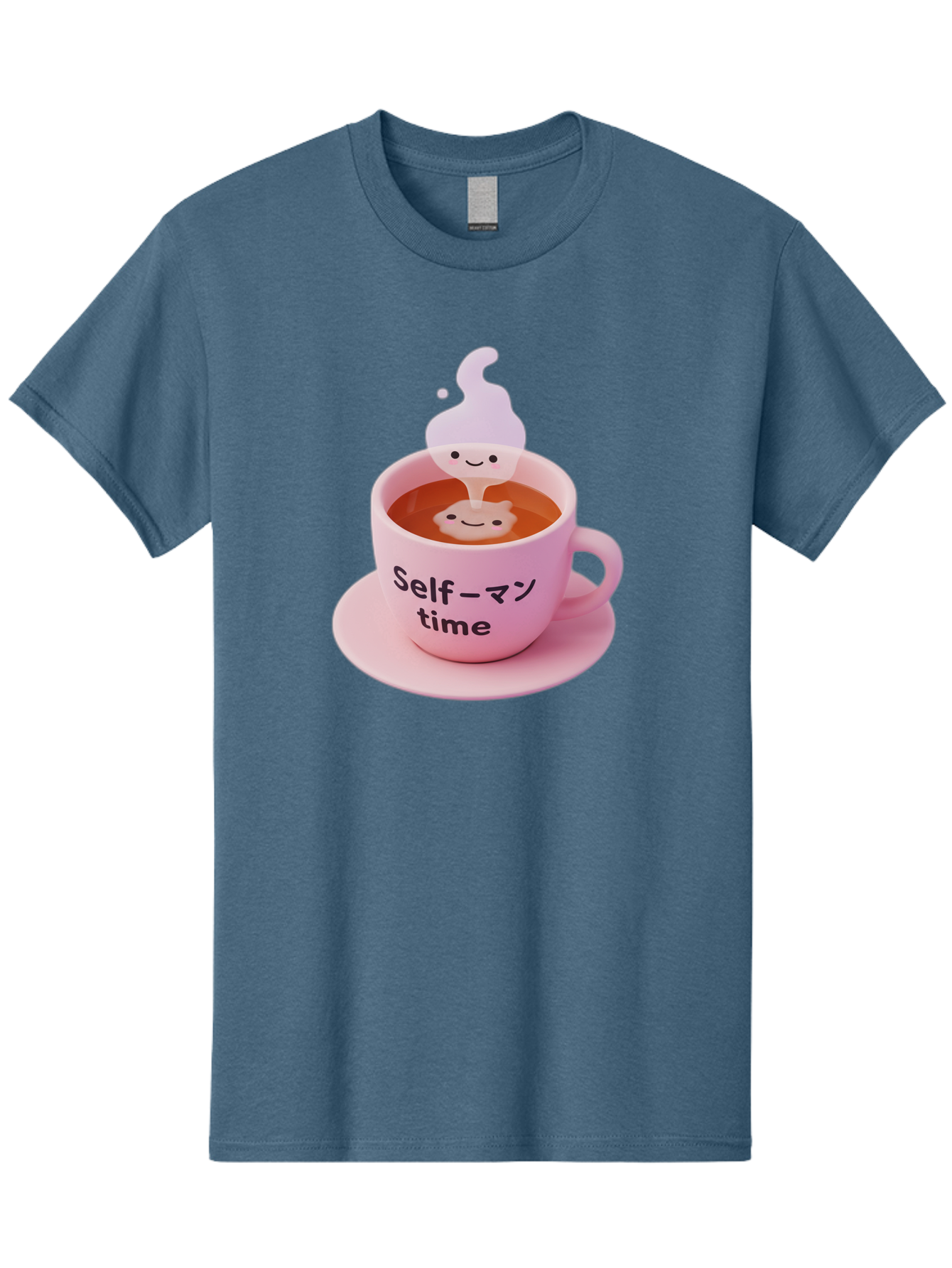 Self-Time Men'S Graphic Tee, 100% Cotton, Comfortable Casual Summer Wear, Machine Washable, Pink Tea Cup, Saucer, Self Care, Relaxation, Mental Wellness, Mindfulness, Cute Figurine, Kawaii, Smiling Face, Tea Time, Serene Atmosphere, Bae088
