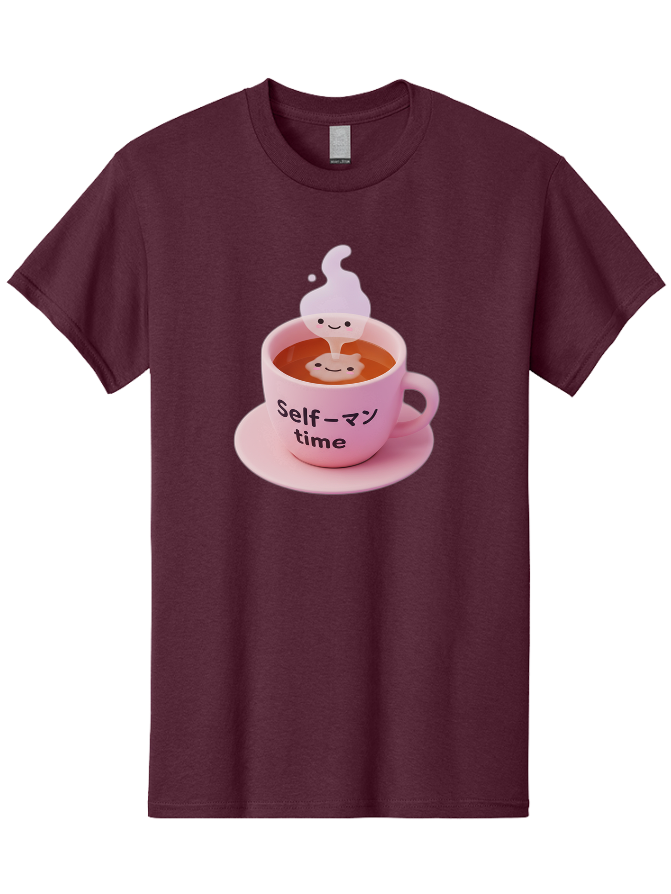 Self-Time Men'S Graphic Tee, 100% Cotton, Comfortable Casual Summer Wear, Machine Washable, Pink Tea Cup, Saucer, Self Care, Relaxation, Mental Wellness, Mindfulness, Cute Figurine, Kawaii, Smiling Face, Tea Time, Serene Atmosphere, Bae088
