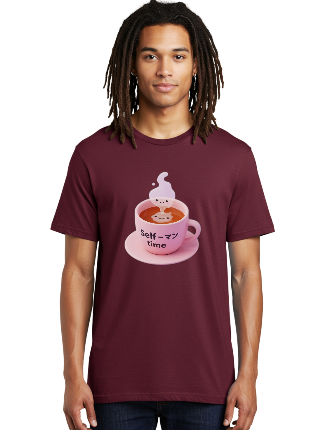 Self-Time Men'S Graphic Tee, 100% Cotton, Comfortable Casual Summer Wear, Machine Washable, Pink Tea Cup, Saucer, Self Care, Relaxation, Mental Wellness, Mindfulness, Cute Figurine, Kawaii, Smiling Face, Tea Time, Serene Atmosphere, Bae088
