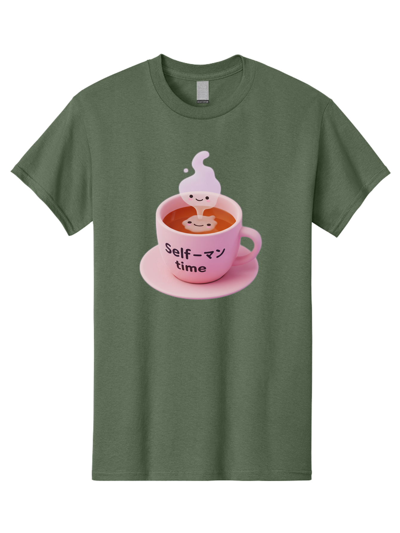 Self-Time Men'S Graphic Tee, 100% Cotton, Comfortable Casual Summer Wear, Machine Washable, Pink Tea Cup, Saucer, Self Care, Relaxation, Mental Wellness, Mindfulness, Cute Figurine, Kawaii, Smiling Face, Tea Time, Serene Atmosphere, Bae088