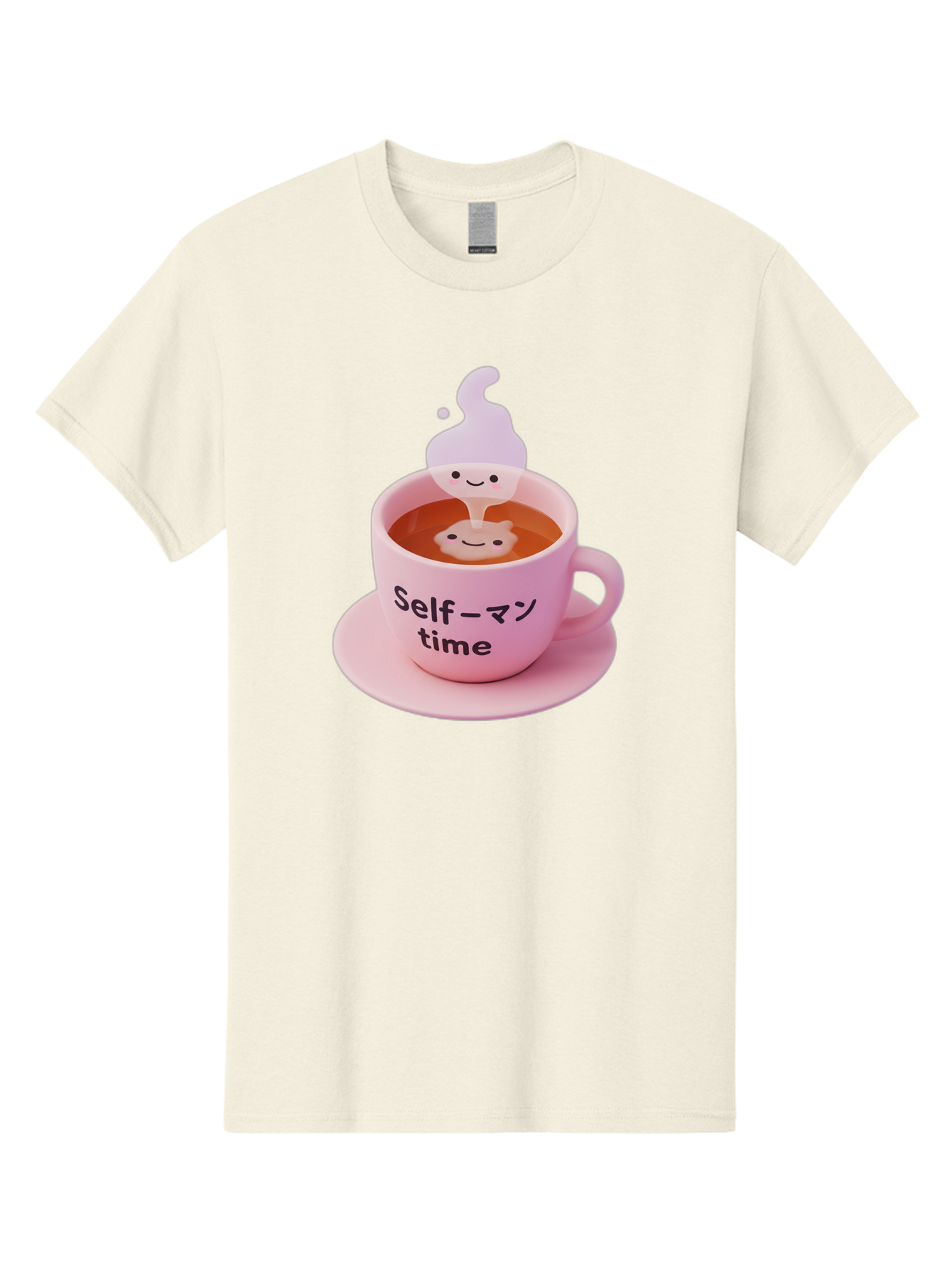 Self-Time Men'S Graphic Tee, 100% Cotton, Comfortable Casual Summer Wear, Machine Washable, Pink Tea Cup, Saucer, Self Care, Relaxation, Mental Wellness, Mindfulness, Cute Figurine, Kawaii, Smiling Face, Tea Time, Serene Atmosphere, Bae088