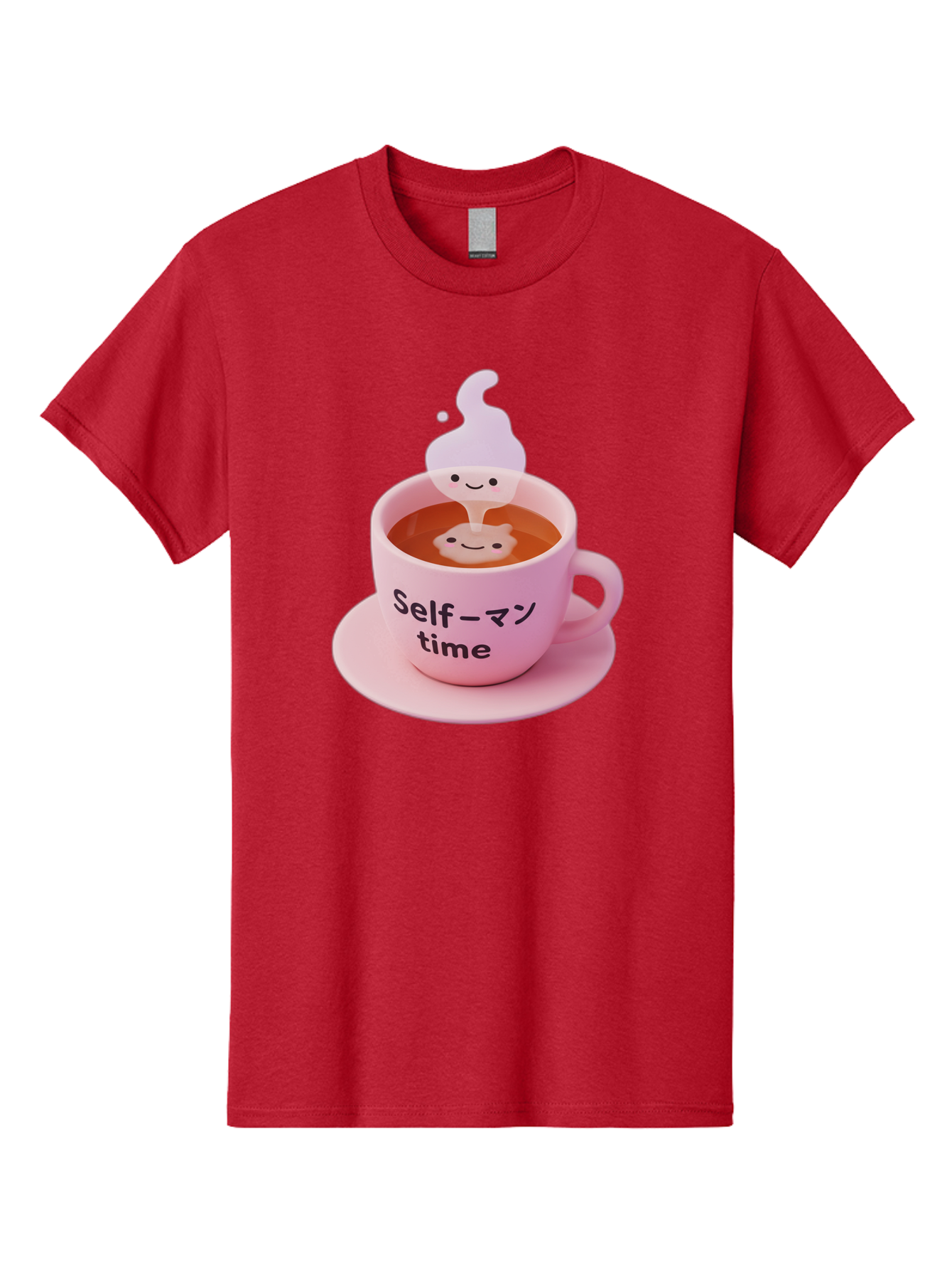 Self-Time Men'S Graphic Tee, 100% Cotton, Comfortable Casual Summer Wear, Machine Washable, Pink Tea Cup, Saucer, Self Care, Relaxation, Mental Wellness, Mindfulness, Cute Figurine, Kawaii, Smiling Face, Tea Time, Serene Atmosphere, Bae088