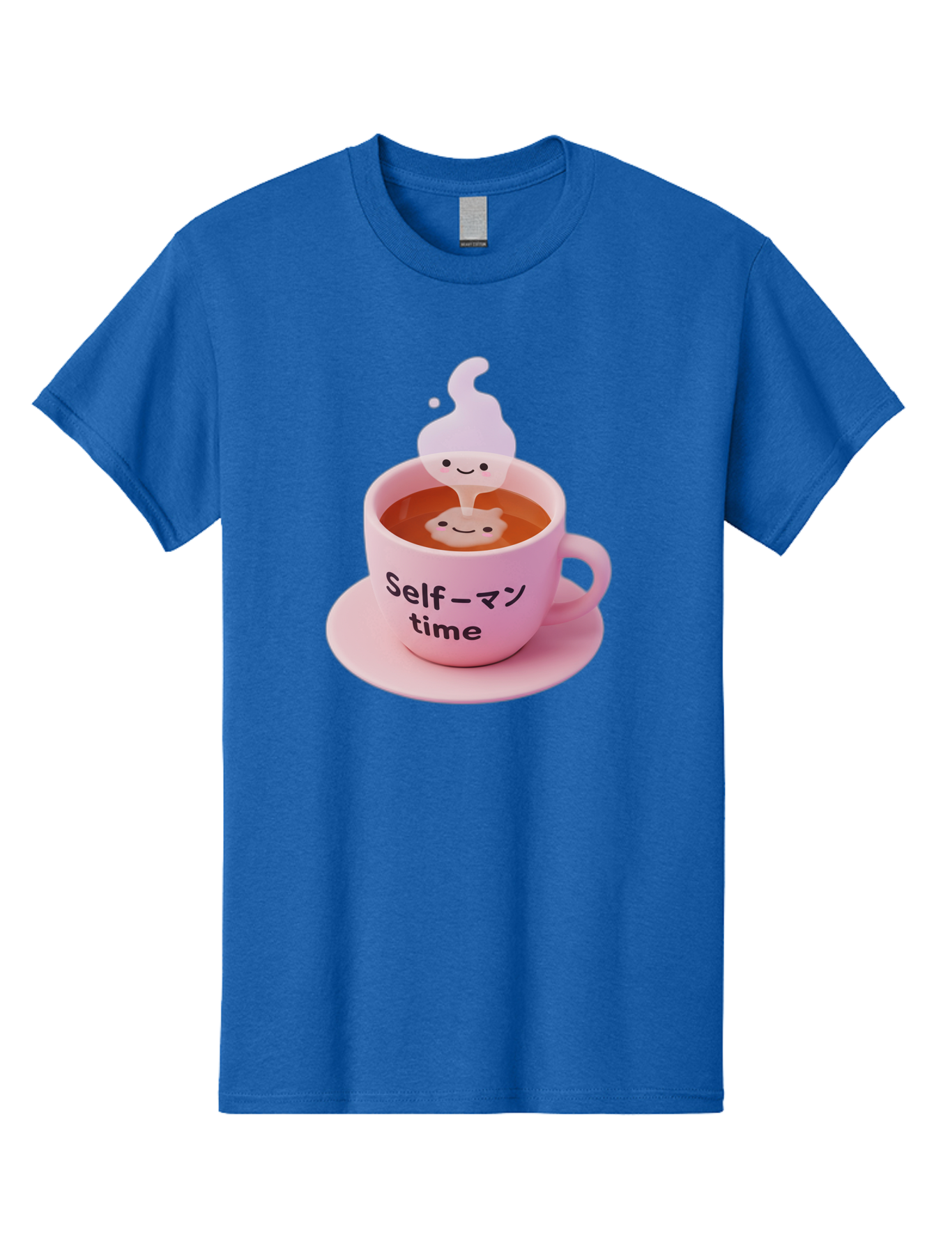 Self-Time Men'S Graphic Tee, 100% Cotton, Comfortable Casual Summer Wear, Machine Washable, Pink Tea Cup, Saucer, Self Care, Relaxation, Mental Wellness, Mindfulness, Cute Figurine, Kawaii, Smiling Face, Tea Time, Serene Atmosphere, Bae088