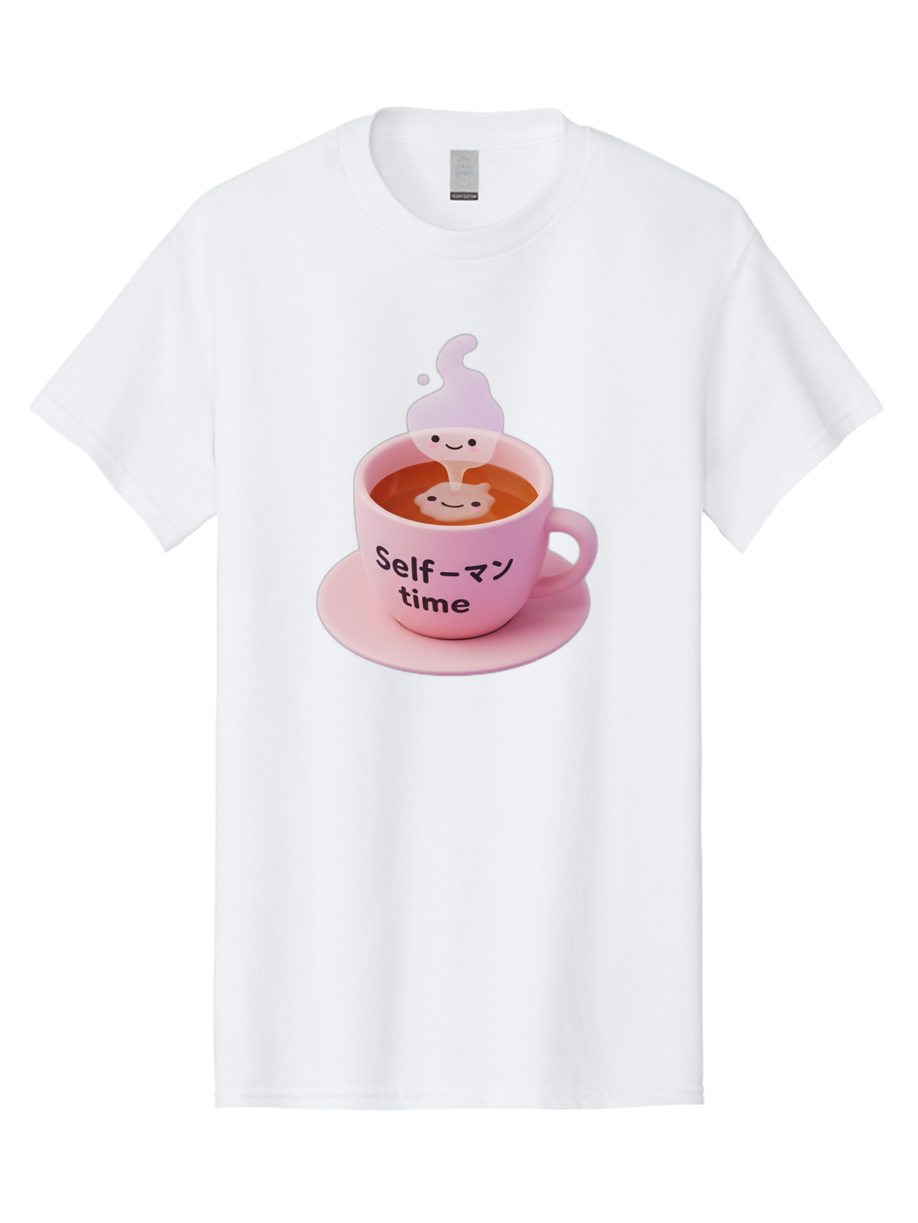 Self-Time Men'S Graphic Tee, 100% Cotton, Comfortable Casual Summer Wear, Machine Washable, Pink Tea Cup, Saucer, Self Care, Relaxation, Mental Wellness, Mindfulness, Cute Figurine, Kawaii, Smiling Face, Tea Time, Serene Atmosphere, Bae088