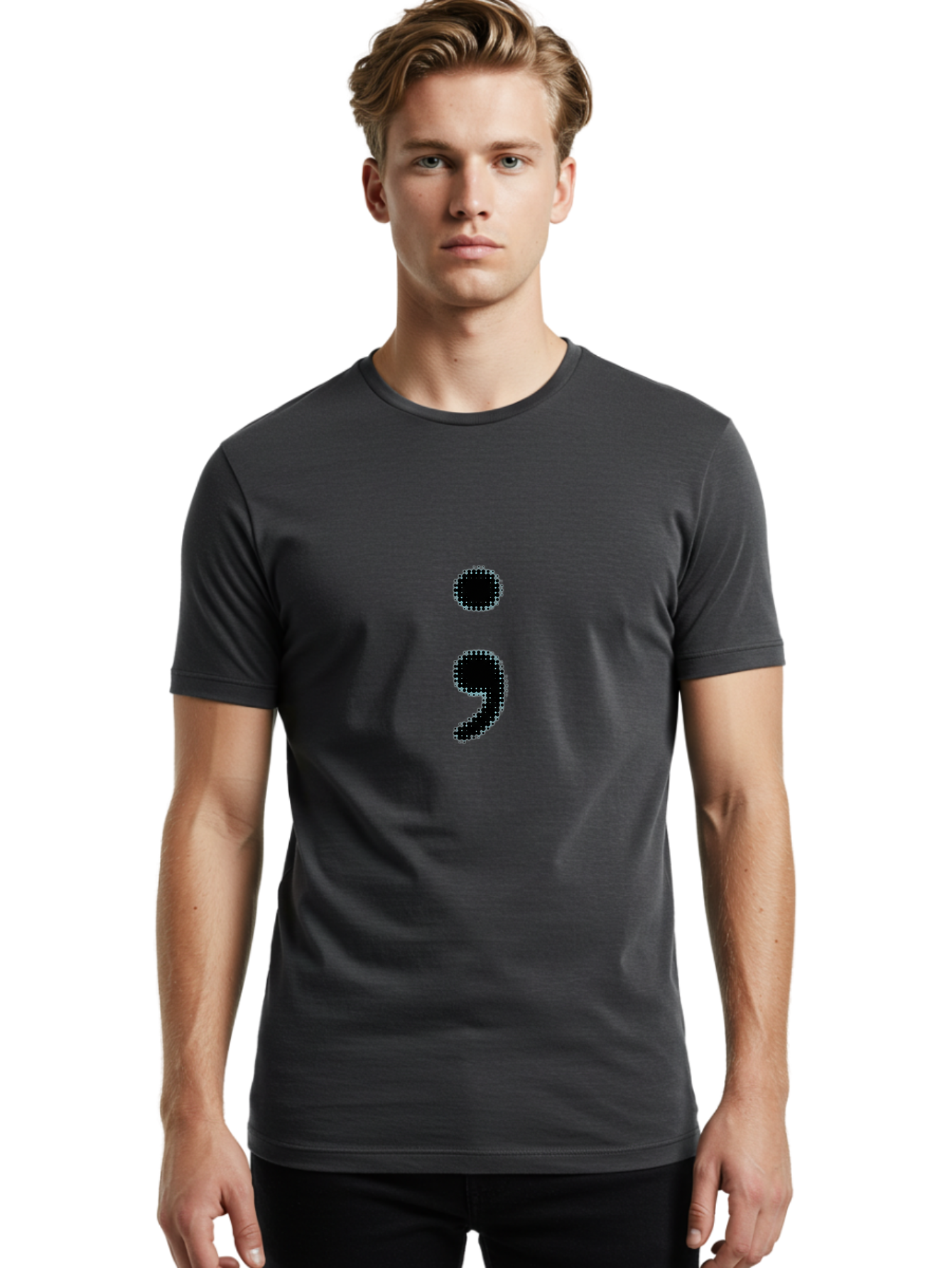Semicolon-4 Men'S Graphic Tee, 100% Cotton, Comfortable Casual Summer Wear, Machine Washable, Semicolon Punctuation Mark, Pixelated Design, Halftone Effect, Bold Typography, Modern Graphics, Punctuation Symbol Bae092