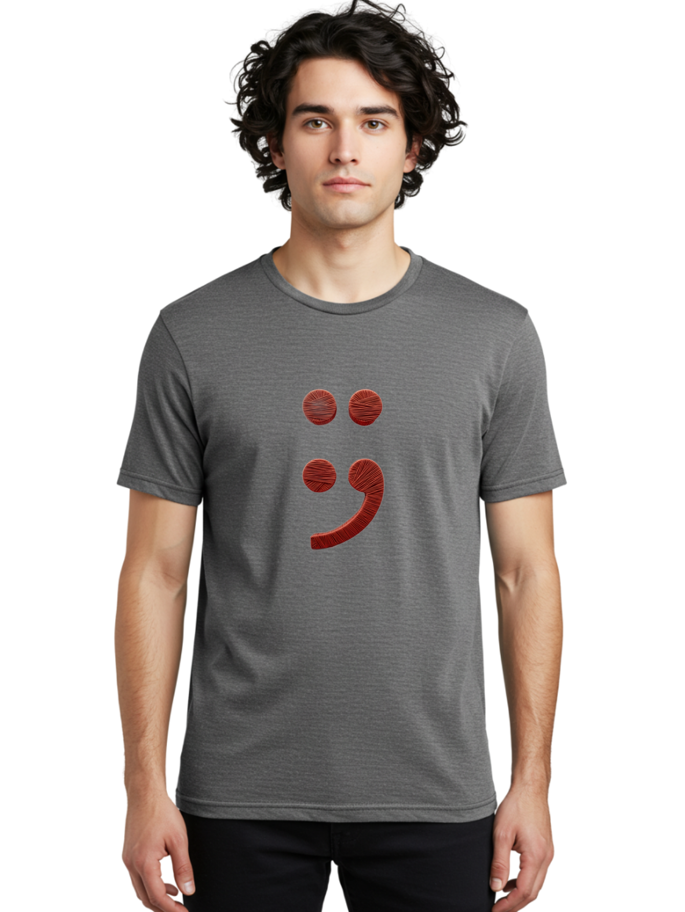 Semicolon-Smiley Men'S Graphic Tee, 100% Cotton, Comfortable Casual Summer Wear, Machine Washable, Semicolon Project Symbol, Mental Health Awareness Emoji, Red Textured Punctuation, Creative Typography, Emotional Expression, Quirky Design, Bae097