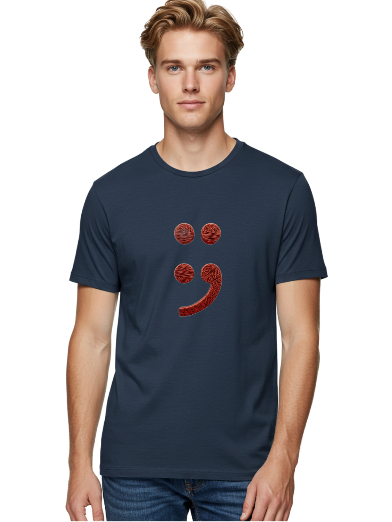 Semicolon-Smiley Men'S Graphic Tee, 100% Cotton, Comfortable Casual Summer Wear, Machine Washable, Semicolon Project Symbol, Mental Health Awareness Emoji, Red Textured Punctuation, Creative Typography, Emotional Expression, Quirky Design, Bae097
