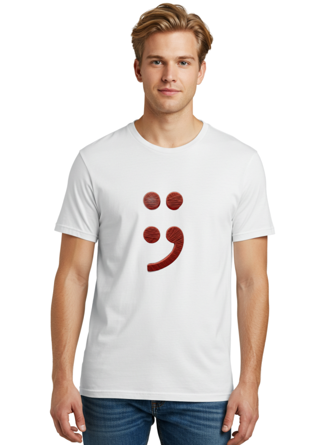 Semicolon-Smiley Men'S Graphic Tee, 100% Cotton, Comfortable Casual Summer Wear, Machine Washable, Semicolon Project Symbol, Mental Health Awareness Emoji, Red Textured Punctuation, Creative Typography, Emotional Expression, Quirky Design, Bae097