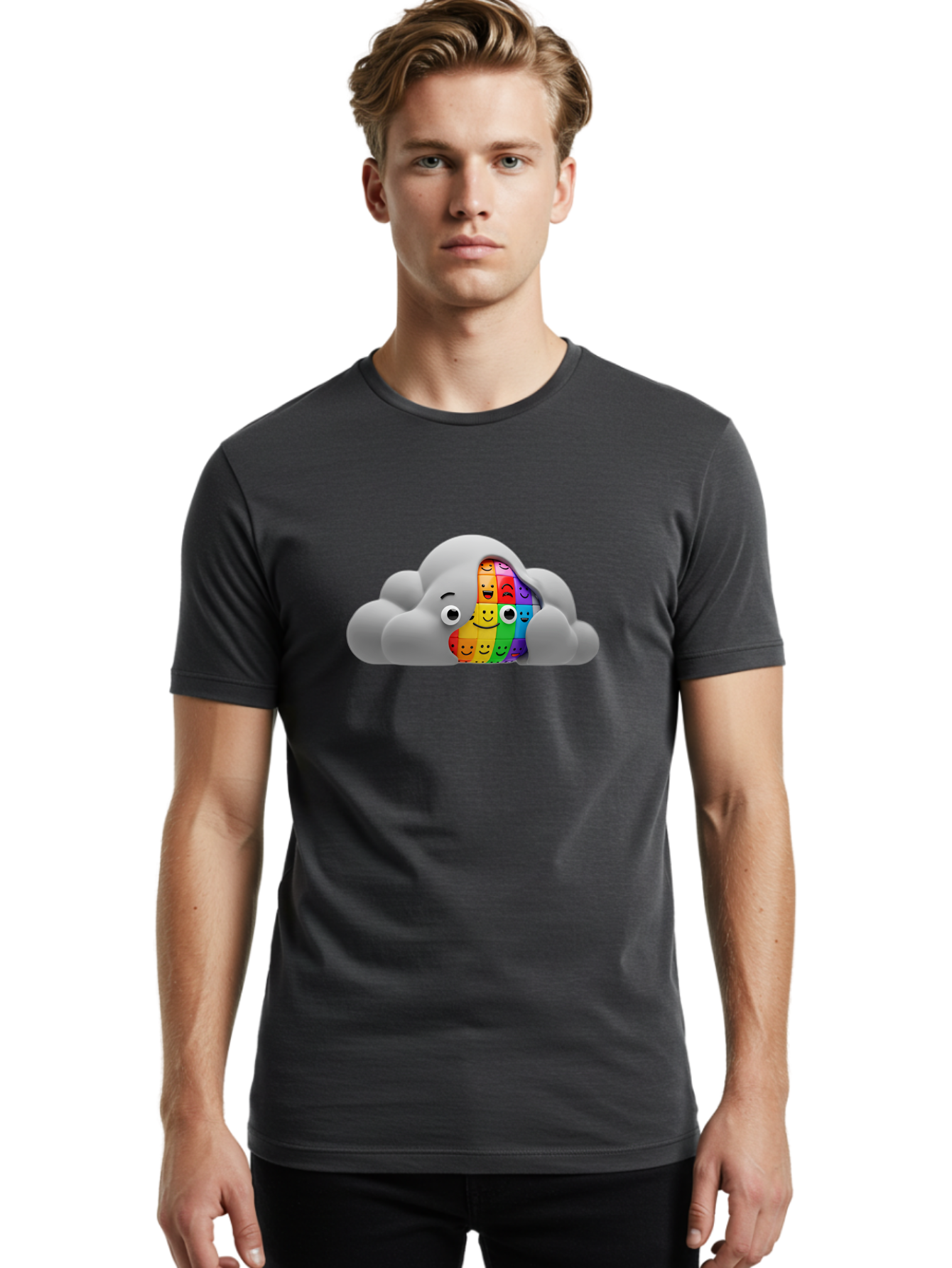 Smiley-Cloud Men'S Graphic Tee, 100% Cotton, Comfortable Casual Summer Wear, Machine Washable, Cartoon Cloud, Emoticon Grid, Diverse Emotions, Emotional Expression, Facial Expressions, Colorful, Emoticons, Rainbow Colors, Mental Health, Bae099