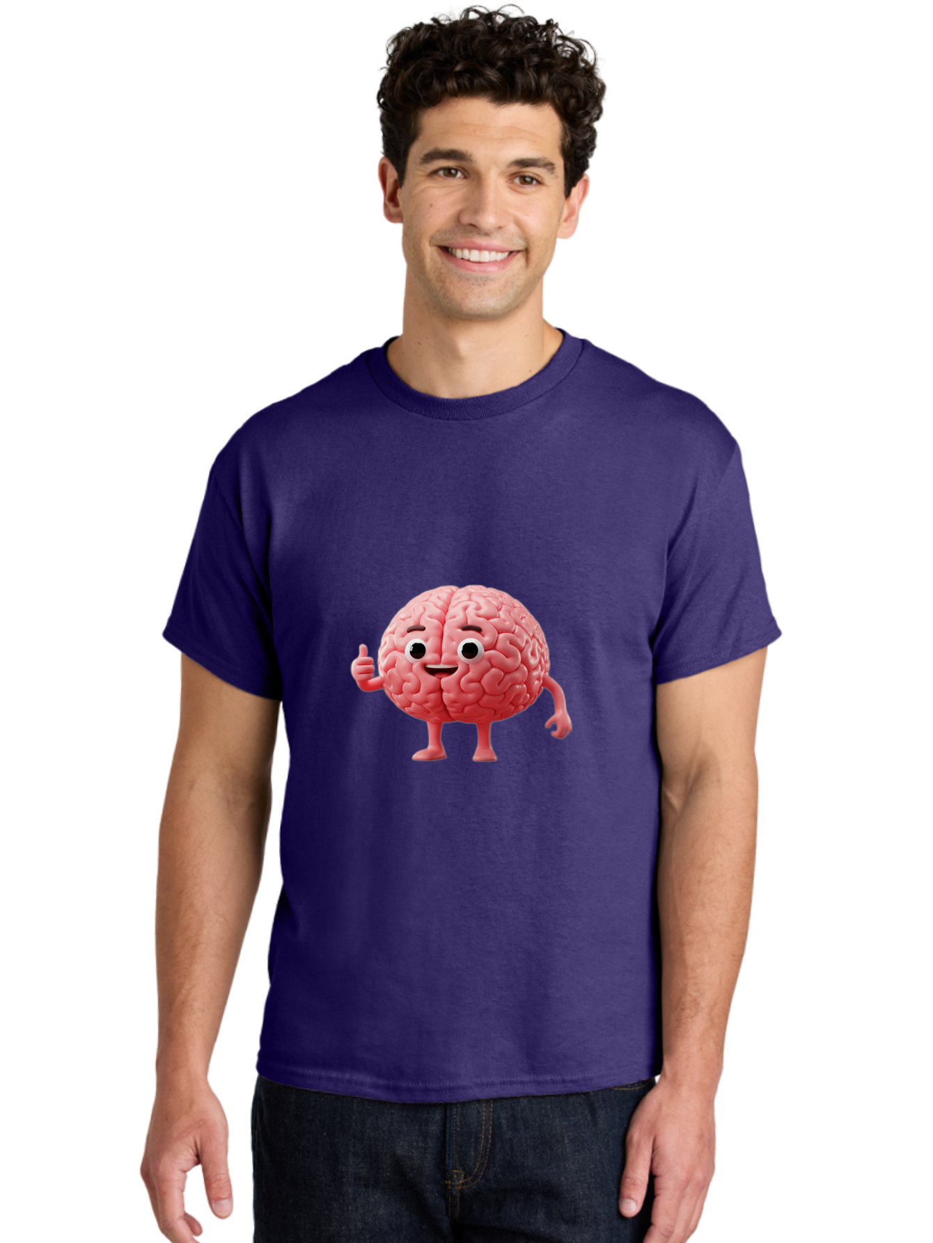Smiling-Brain Men'S Graphic Tee, 100% Cotton, Comfortable Casual Summer Wear, Machine Washable, Cartoon Brain Character, Human Brain, Funny Illustration, Brain With Face, Thumbs Up Gesture, Smiling Brain, Cognitive Humor, Human Anatomy, Bae101
