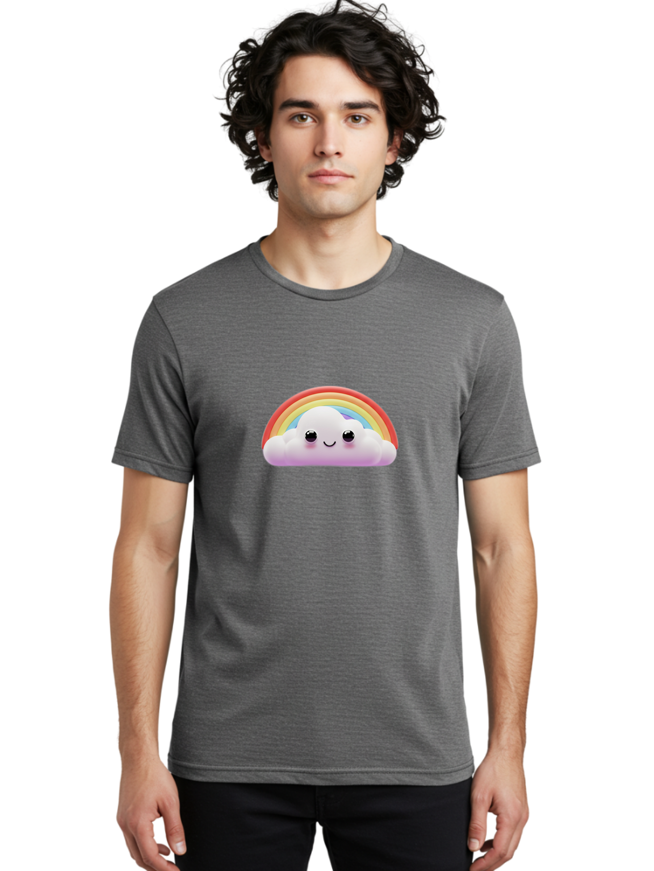 Smiling-Cloud-Rainbow Men'S Graphic Tee, 100% Cotton, Comfortable Casual Summer Wear, Machine Washable, Happy Cloud, Rainbow Colors, Vibrant Illustration, Cute Character, Cartoon Style, Smiling Face, Colorful Graphics, Joyful Atmosphere, Bae102