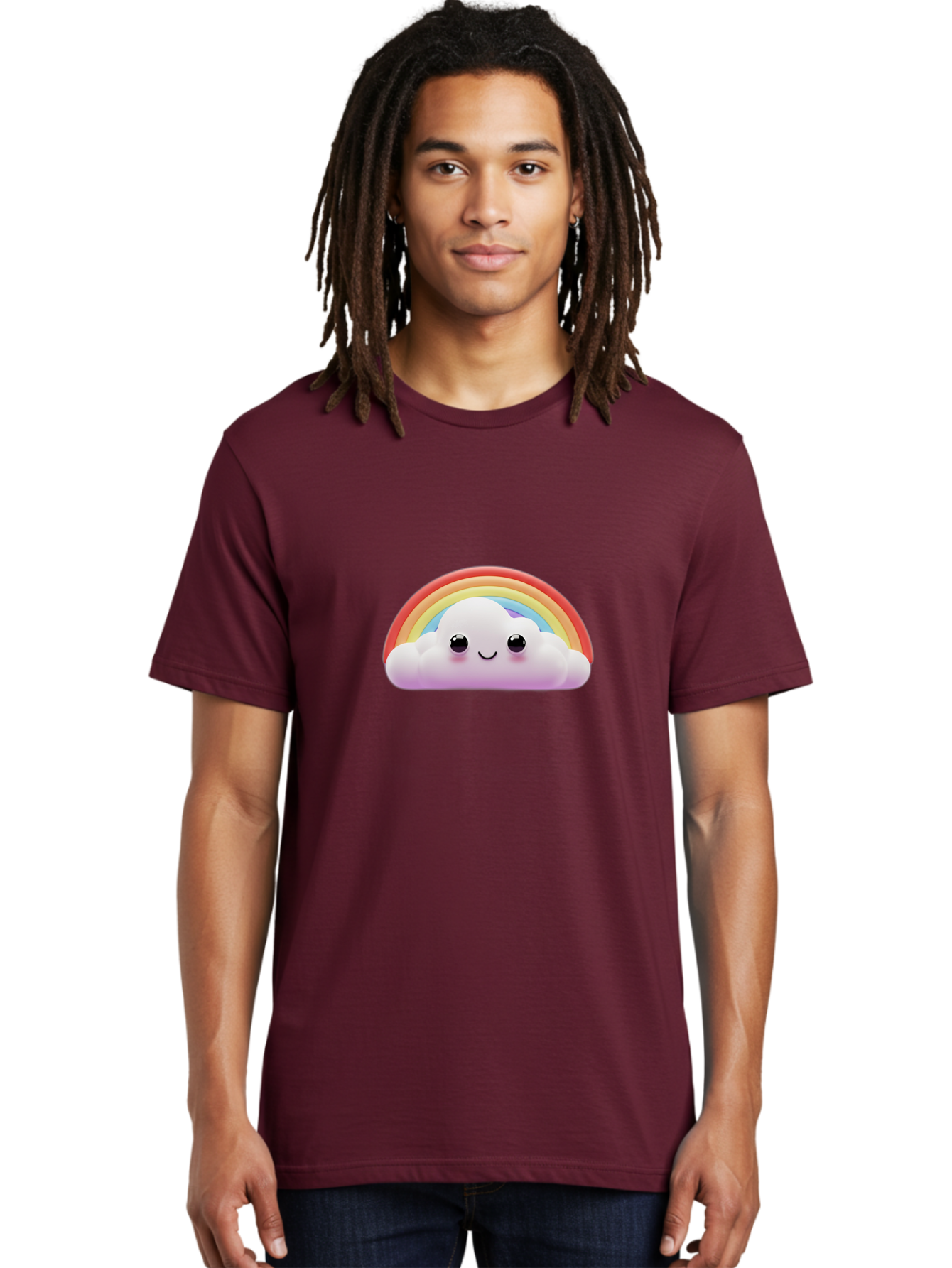 Smiling-Cloud-Rainbow Men'S Graphic Tee, 100% Cotton, Comfortable Casual Summer Wear, Machine Washable, Happy Cloud, Rainbow Colors, Vibrant Illustration, Cute Character, Cartoon Style, Smiling Face, Colorful Graphics, Joyful Atmosphere, Bae102