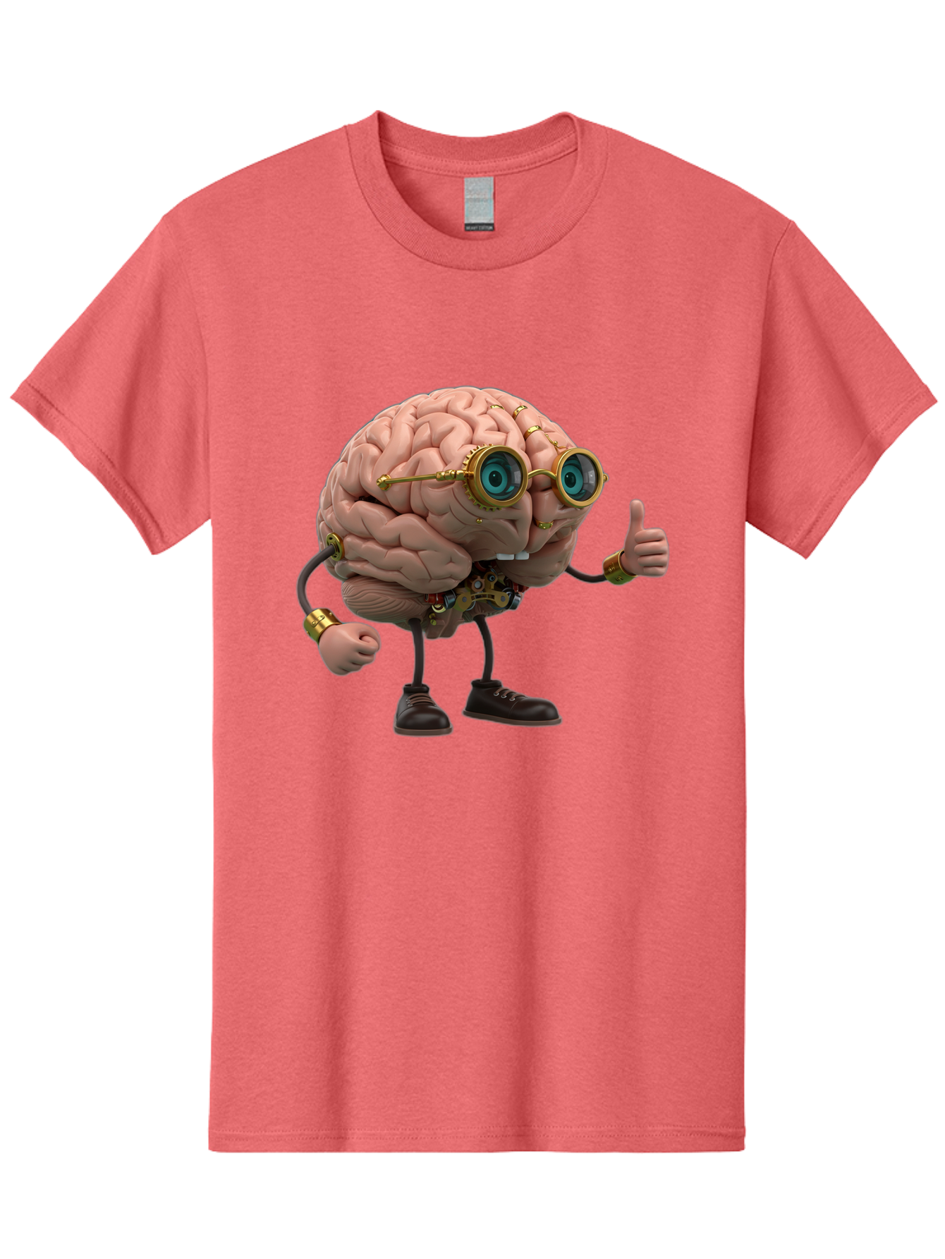 Steampunk-Brain-Character Men'S Graphic Tee, 100% Cotton, Comfortable Casual Summer Wear, Machine Washable, Human Brain With Legs, Brain Character, Steampunk Style, Goggles On Brain, Thumbs Up, Creative Concept, Intelligent Design, Bae104