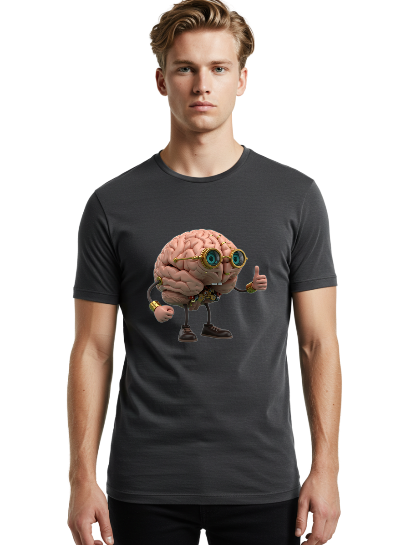 Steampunk-Brain-Character Men'S Graphic Tee, 100% Cotton, Comfortable Casual Summer Wear, Machine Washable, Human Brain With Legs, Brain Character, Steampunk Style, Goggles On Brain, Thumbs Up, Creative Concept, Intelligent Design, Bae104