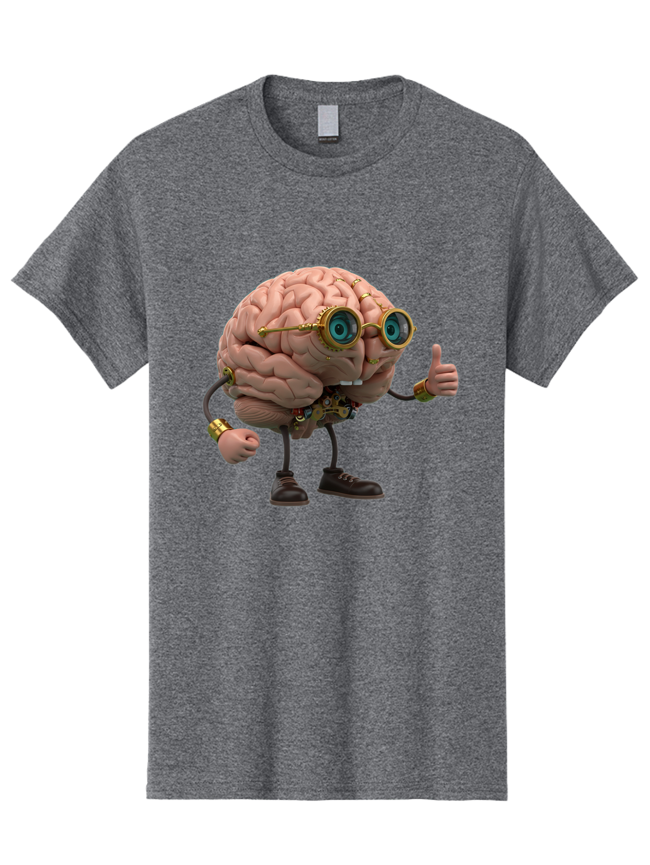Steampunk-Brain-Character Men'S Graphic Tee, 100% Cotton, Comfortable Casual Summer Wear, Machine Washable, Human Brain With Legs, Brain Character, Steampunk Style, Goggles On Brain, Thumbs Up, Creative Concept, Intelligent Design, Bae104