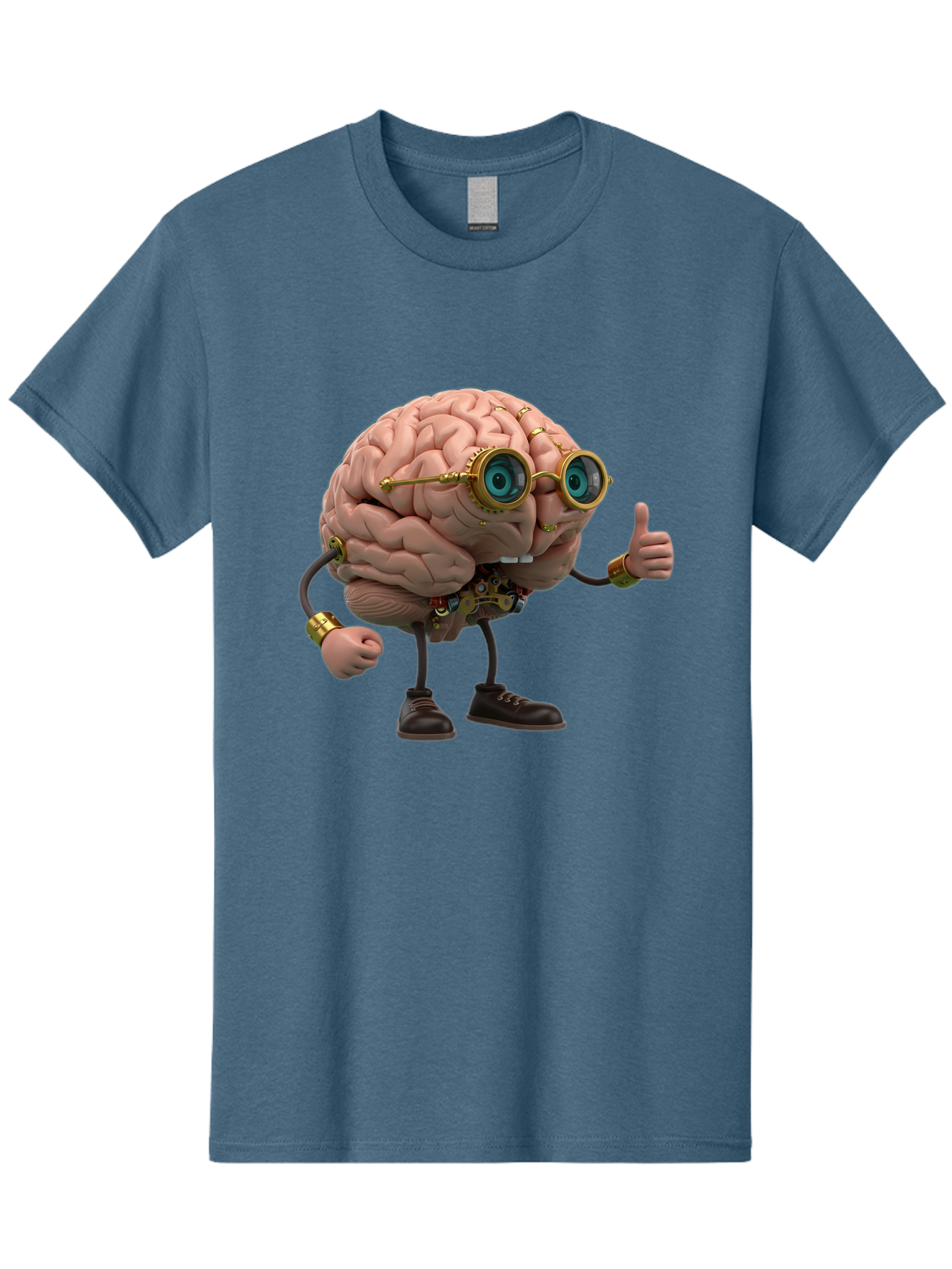 Steampunk-Brain-Character Men'S Graphic Tee, 100% Cotton, Comfortable Casual Summer Wear, Machine Washable, Human Brain With Legs, Brain Character, Steampunk Style, Goggles On Brain, Thumbs Up, Creative Concept, Intelligent Design, Bae104