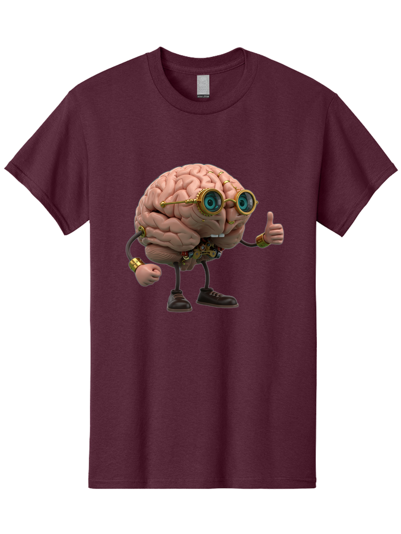 Steampunk-Brain-Character Men'S Graphic Tee, 100% Cotton, Comfortable Casual Summer Wear, Machine Washable, Human Brain With Legs, Brain Character, Steampunk Style, Goggles On Brain, Thumbs Up, Creative Concept, Intelligent Design, Bae104