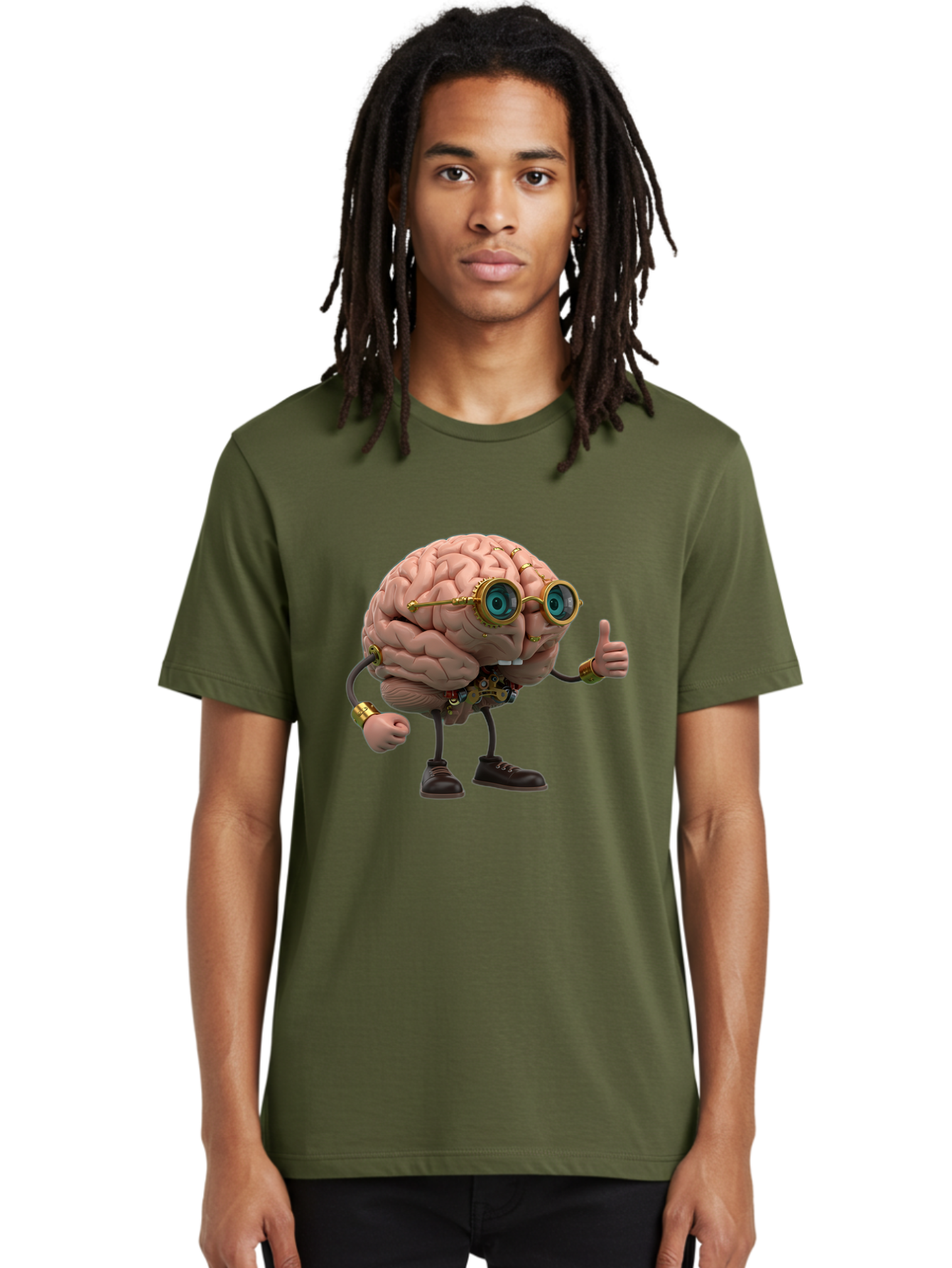 Steampunk-Brain-Character Men'S Graphic Tee, 100% Cotton, Comfortable Casual Summer Wear, Machine Washable, Human Brain With Legs, Brain Character, Steampunk Style, Goggles On Brain, Thumbs Up, Creative Concept, Intelligent Design, Bae104