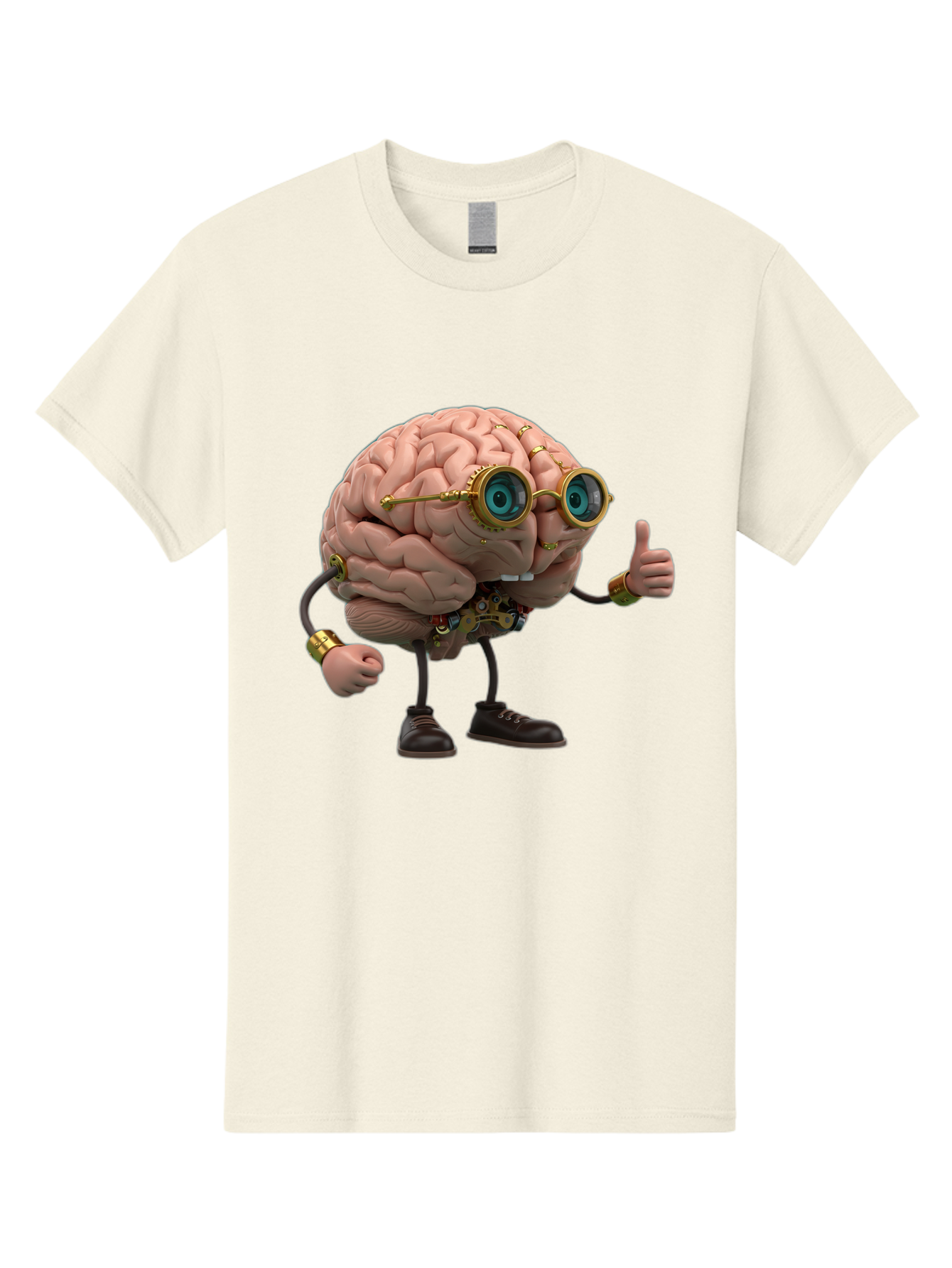 Steampunk-Brain-Character Men'S Graphic Tee, 100% Cotton, Comfortable Casual Summer Wear, Machine Washable, Human Brain With Legs, Brain Character, Steampunk Style, Goggles On Brain, Thumbs Up, Creative Concept, Intelligent Design, Bae104