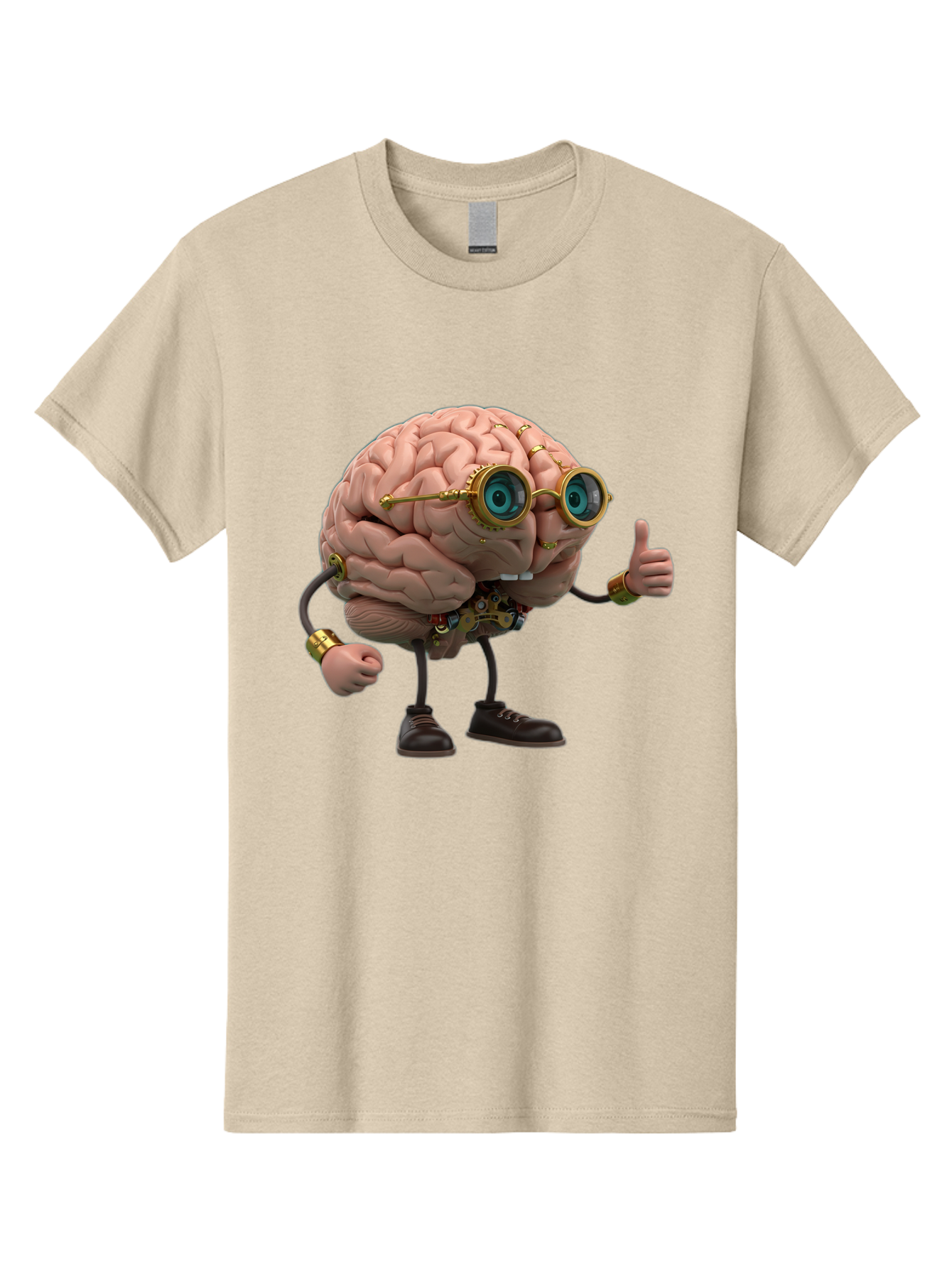 Steampunk-Brain-Character Men'S Graphic Tee, 100% Cotton, Comfortable Casual Summer Wear, Machine Washable, Human Brain With Legs, Brain Character, Steampunk Style, Goggles On Brain, Thumbs Up, Creative Concept, Intelligent Design, Bae104