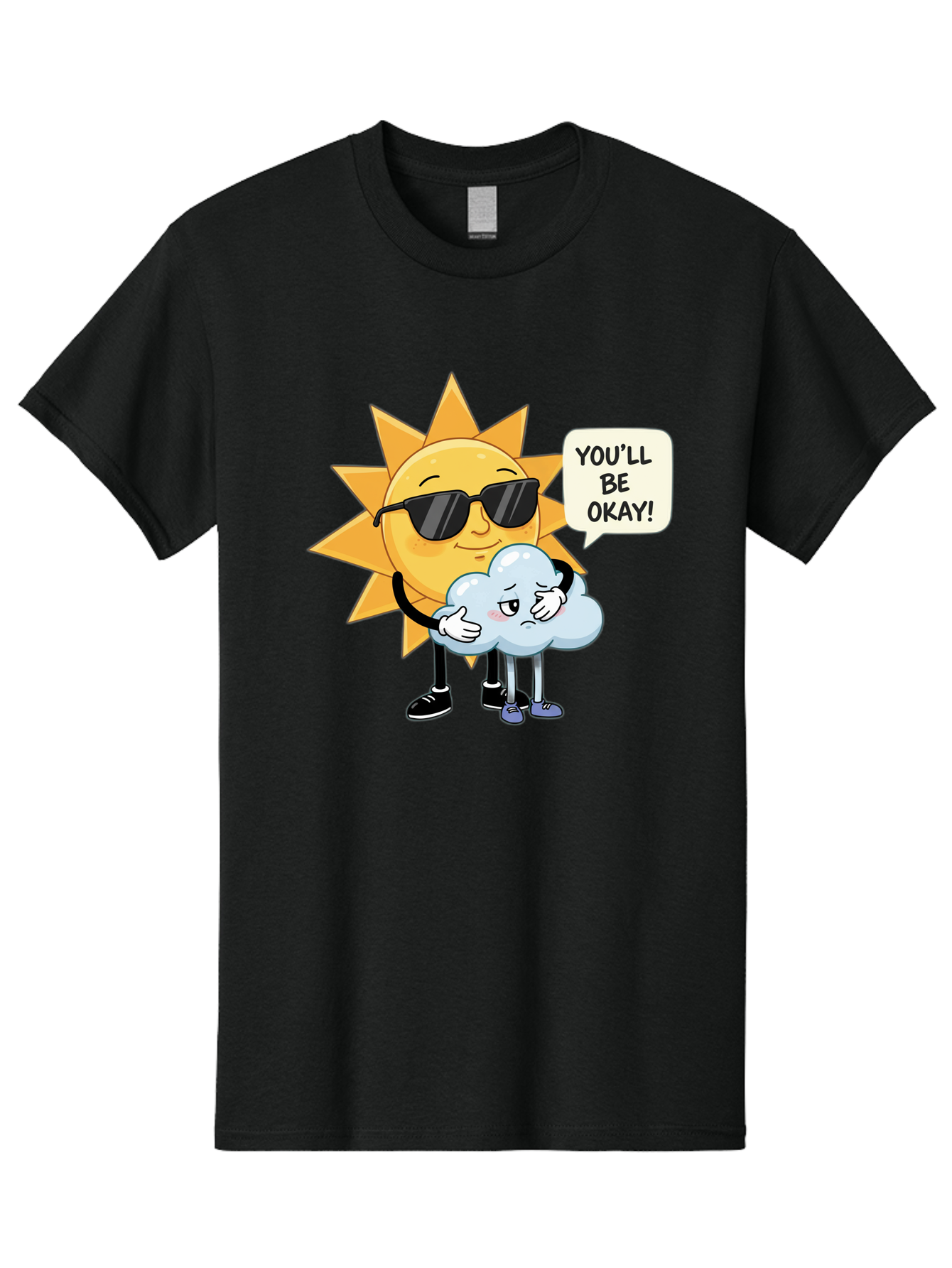 Sun-Comforting-Cloud Men'S Graphic Tee, 100% Cotton, Comfortable Casual Summer Wear, Machine Washable, Sun Wearing Sunglasses, Comforting A Sad Cloud, You'Ll Be Okay!, Emotional Support, Cartoon Characters, Positive Vibes, Bae105