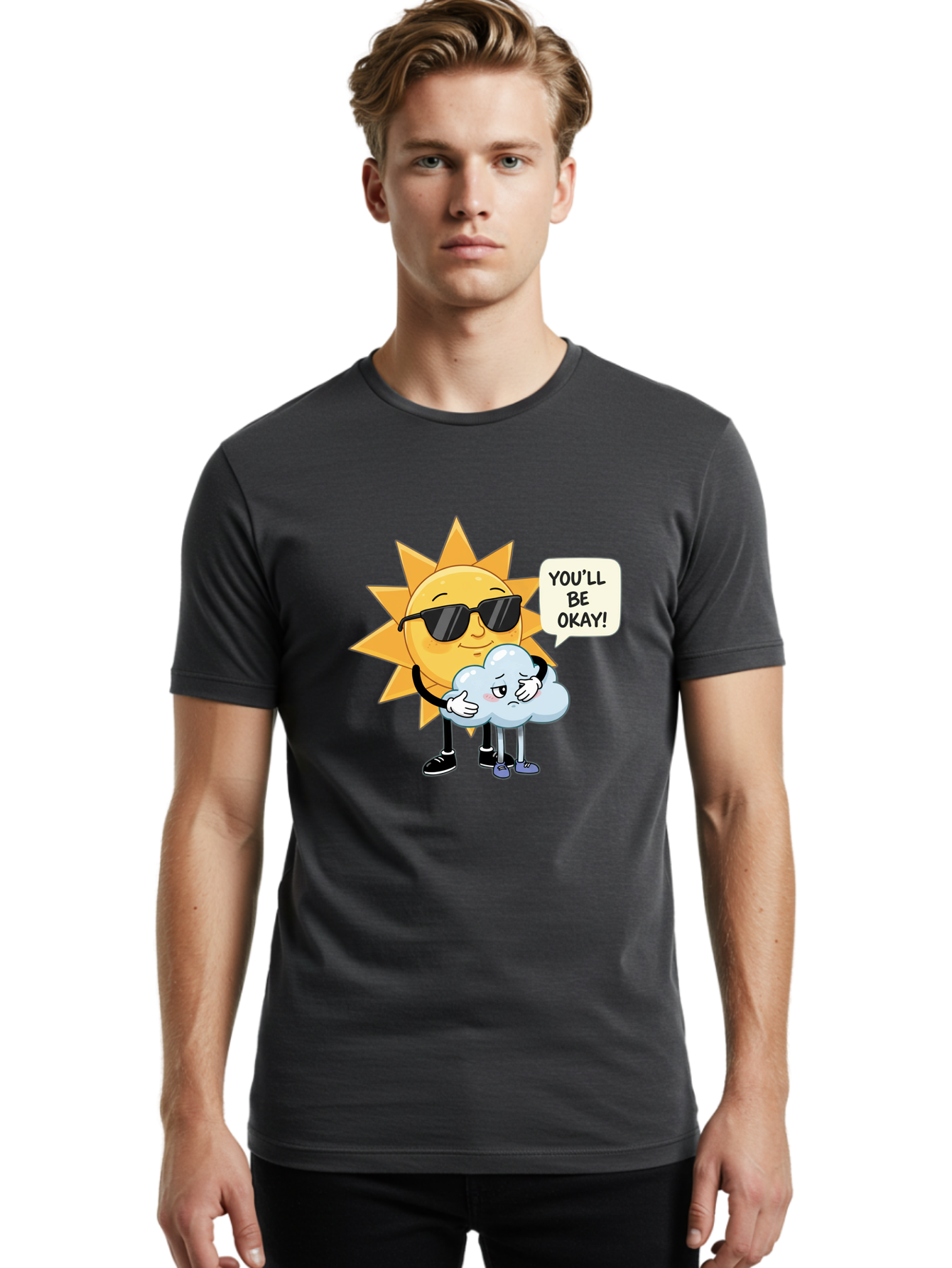 Sun-Comforting-Cloud Men'S Graphic Tee, 100% Cotton, Comfortable Casual Summer Wear, Machine Washable, Sun Wearing Sunglasses, Comforting A Sad Cloud, You'Ll Be Okay!, Emotional Support, Cartoon Characters, Positive Vibes, Bae105
