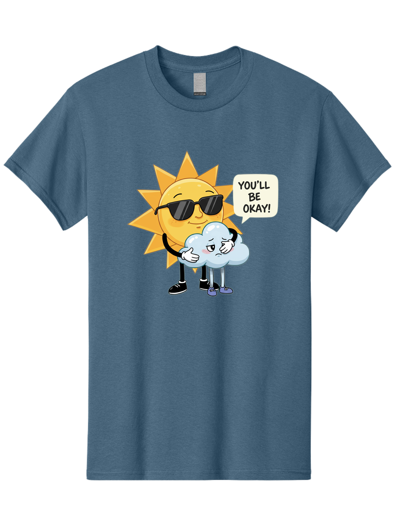 Sun-Comforting-Cloud Men'S Graphic Tee, 100% Cotton, Comfortable Casual Summer Wear, Machine Washable, Sun Wearing Sunglasses, Comforting A Sad Cloud, You'Ll Be Okay!, Emotional Support, Cartoon Characters, Positive Vibes, Bae105