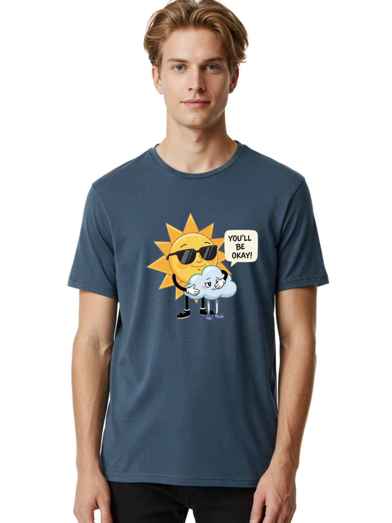 Sun-Comforting-Cloud Men'S Graphic Tee, 100% Cotton, Comfortable Casual Summer Wear, Machine Washable, Sun Wearing Sunglasses, Comforting A Sad Cloud, You'Ll Be Okay!, Emotional Support, Cartoon Characters, Positive Vibes, Bae105