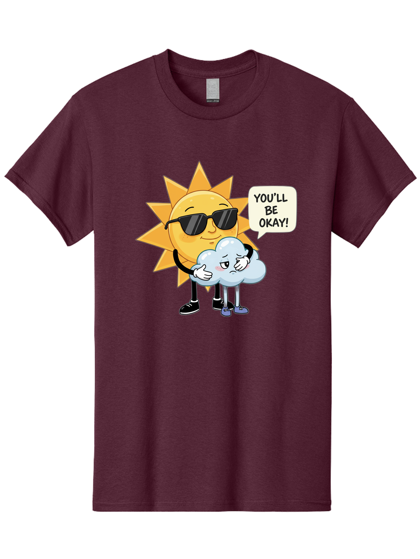 Sun-Comforting-Cloud Men'S Graphic Tee, 100% Cotton, Comfortable Casual Summer Wear, Machine Washable, Sun Wearing Sunglasses, Comforting A Sad Cloud, You'Ll Be Okay!, Emotional Support, Cartoon Characters, Positive Vibes, Bae105