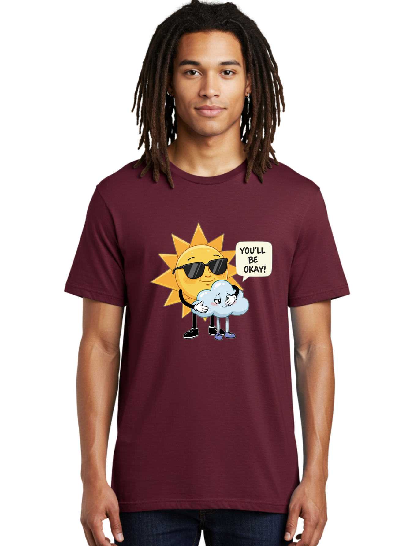Sun-Comforting-Cloud Men'S Graphic Tee, 100% Cotton, Comfortable Casual Summer Wear, Machine Washable, Sun Wearing Sunglasses, Comforting A Sad Cloud, You'Ll Be Okay!, Emotional Support, Cartoon Characters, Positive Vibes, Bae105
