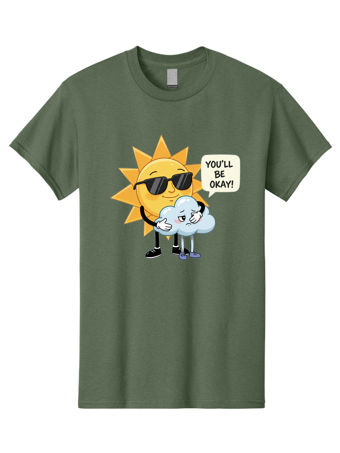 Sun-Comforting-Cloud Men'S Graphic Tee, 100% Cotton, Comfortable Casual Summer Wear, Machine Washable, Sun Wearing Sunglasses, Comforting A Sad Cloud, You'Ll Be Okay!, Emotional Support, Cartoon Characters, Positive Vibes, Bae105