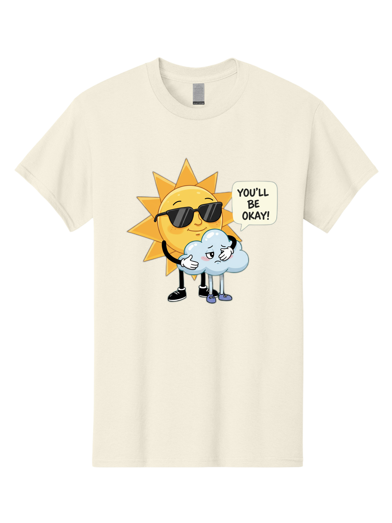 Sun-Comforting-Cloud Men'S Graphic Tee, 100% Cotton, Comfortable Casual Summer Wear, Machine Washable, Sun Wearing Sunglasses, Comforting A Sad Cloud, You'Ll Be Okay!, Emotional Support, Cartoon Characters, Positive Vibes, Bae105