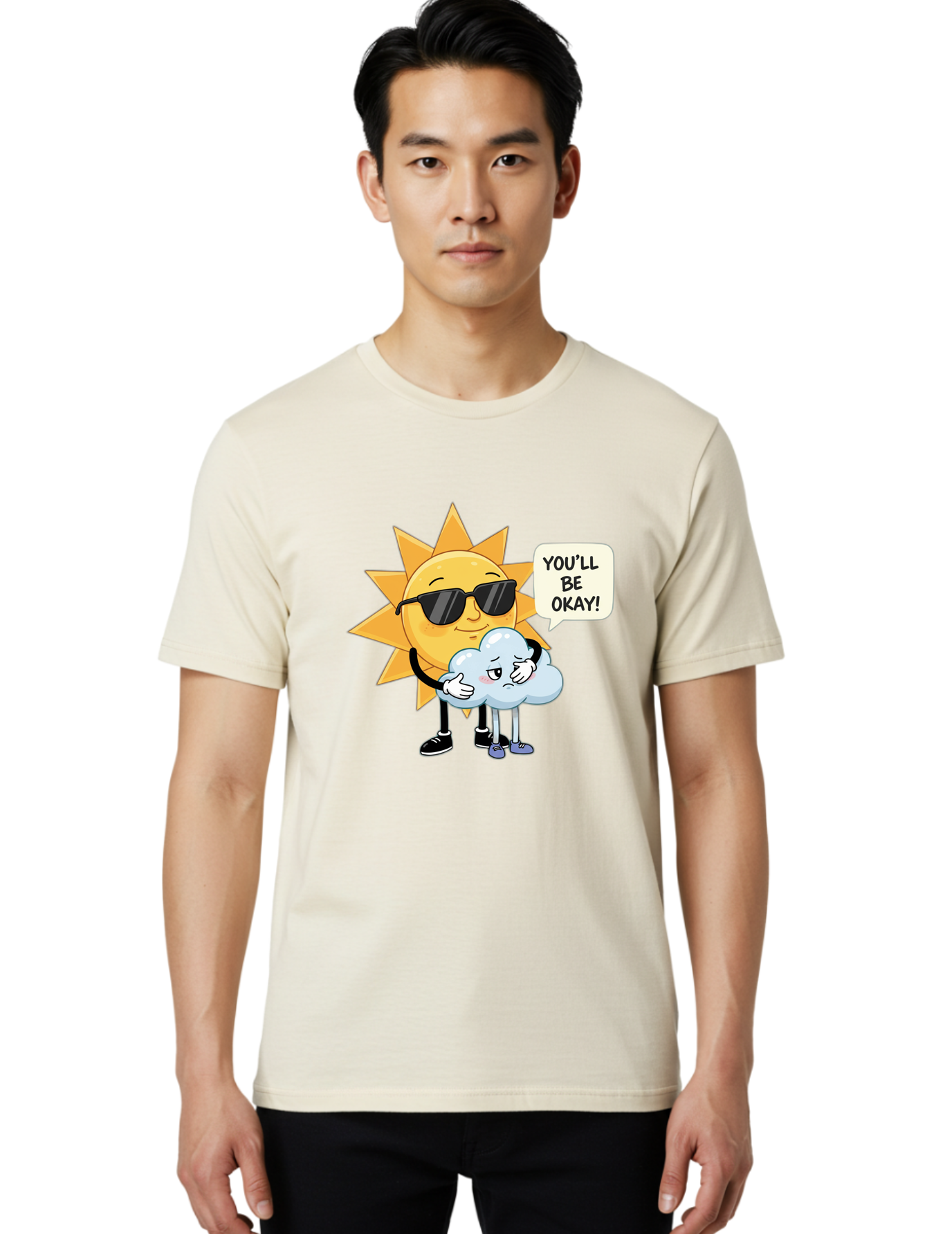 Sun-Comforting-Cloud Men'S Graphic Tee, 100% Cotton, Comfortable Casual Summer Wear, Machine Washable, Sun Wearing Sunglasses, Comforting A Sad Cloud, You'Ll Be Okay!, Emotional Support, Cartoon Characters, Positive Vibes, Bae105