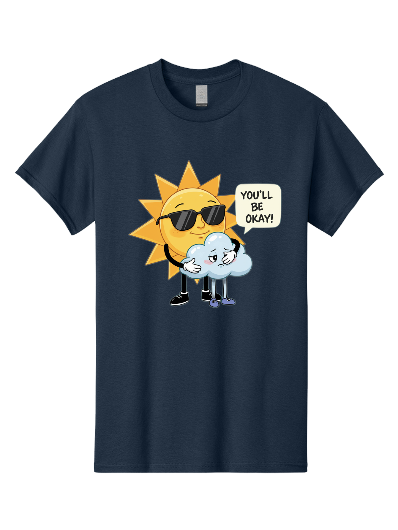 Sun-Comforting-Cloud Men'S Graphic Tee, 100% Cotton, Comfortable Casual Summer Wear, Machine Washable, Sun Wearing Sunglasses, Comforting A Sad Cloud, You'Ll Be Okay!, Emotional Support, Cartoon Characters, Positive Vibes, Bae105