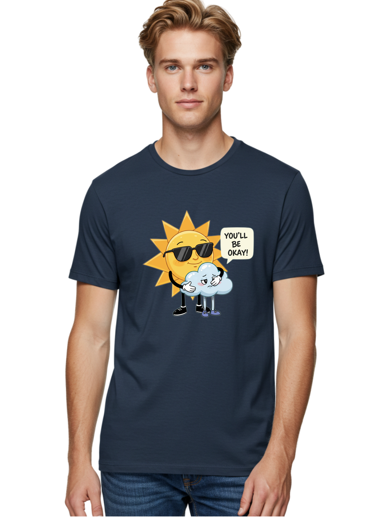 Sun-Comforting-Cloud Men'S Graphic Tee, 100% Cotton, Comfortable Casual Summer Wear, Machine Washable, Sun Wearing Sunglasses, Comforting A Sad Cloud, You'Ll Be Okay!, Emotional Support, Cartoon Characters, Positive Vibes, Bae105