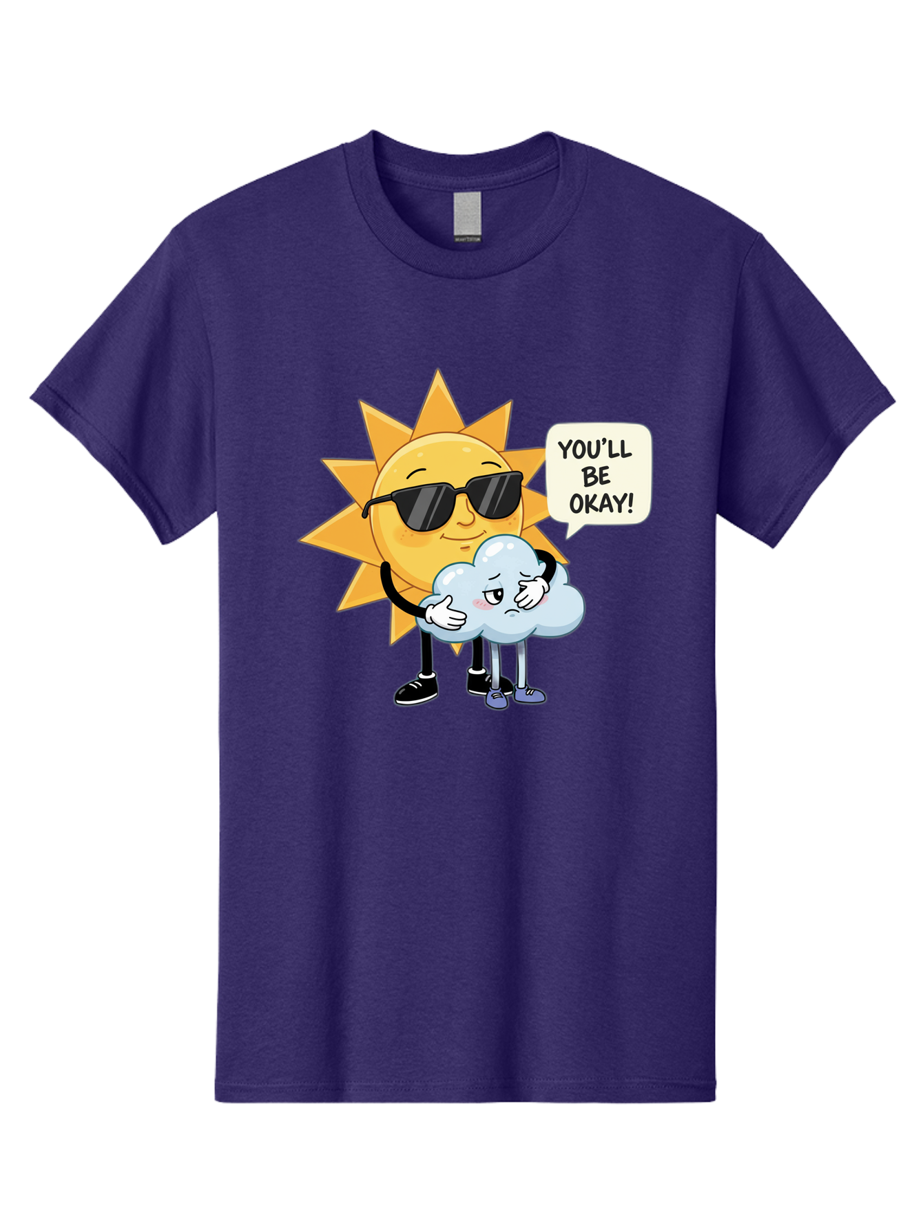 Sun-Comforting-Cloud Men'S Graphic Tee, 100% Cotton, Comfortable Casual Summer Wear, Machine Washable, Sun Wearing Sunglasses, Comforting A Sad Cloud, You'Ll Be Okay!, Emotional Support, Cartoon Characters, Positive Vibes, Bae105