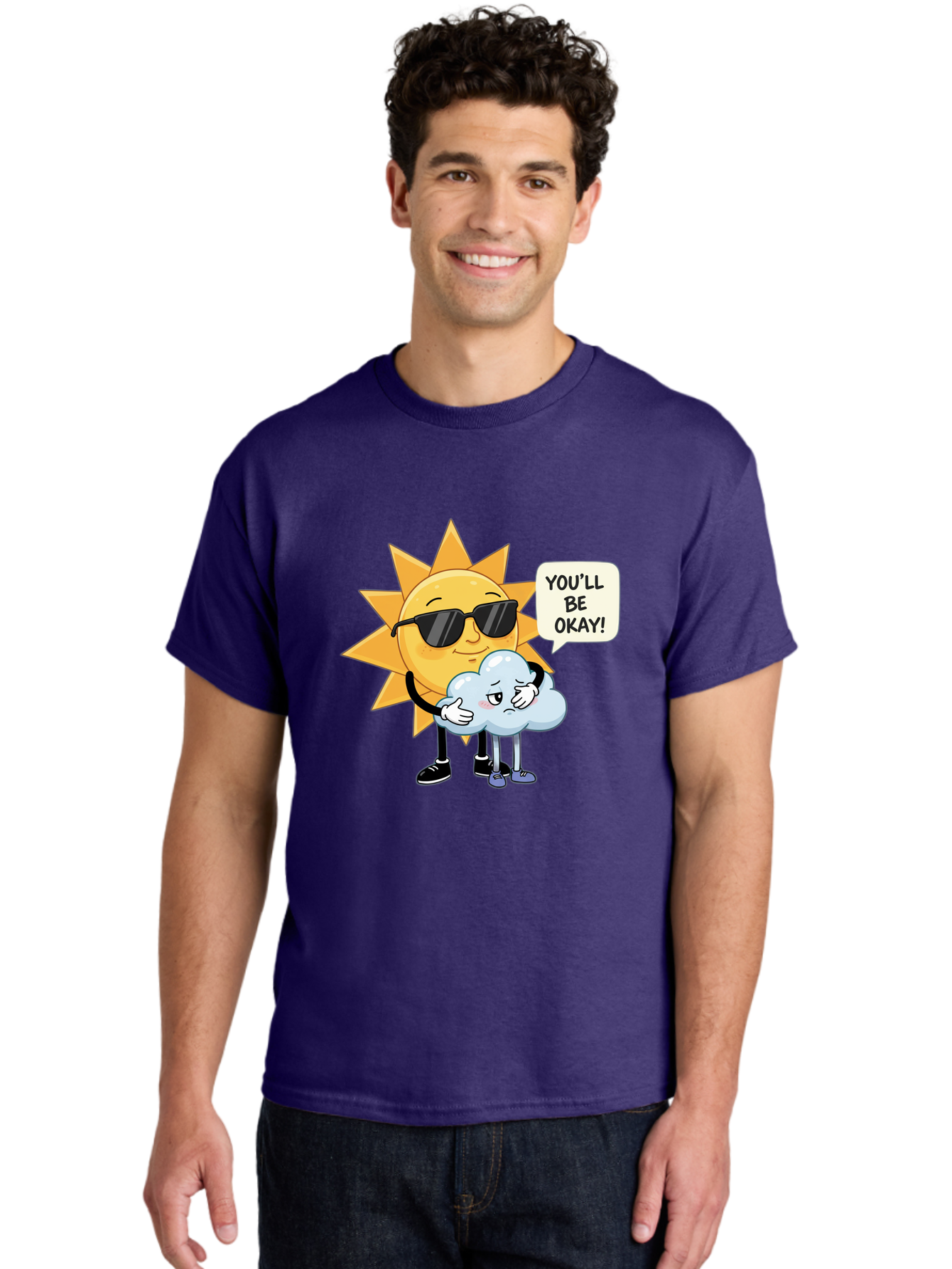 Sun-Comforting-Cloud Men'S Graphic Tee, 100% Cotton, Comfortable Casual Summer Wear, Machine Washable, Sun Wearing Sunglasses, Comforting A Sad Cloud, You'Ll Be Okay!, Emotional Support, Cartoon Characters, Positive Vibes, Bae105