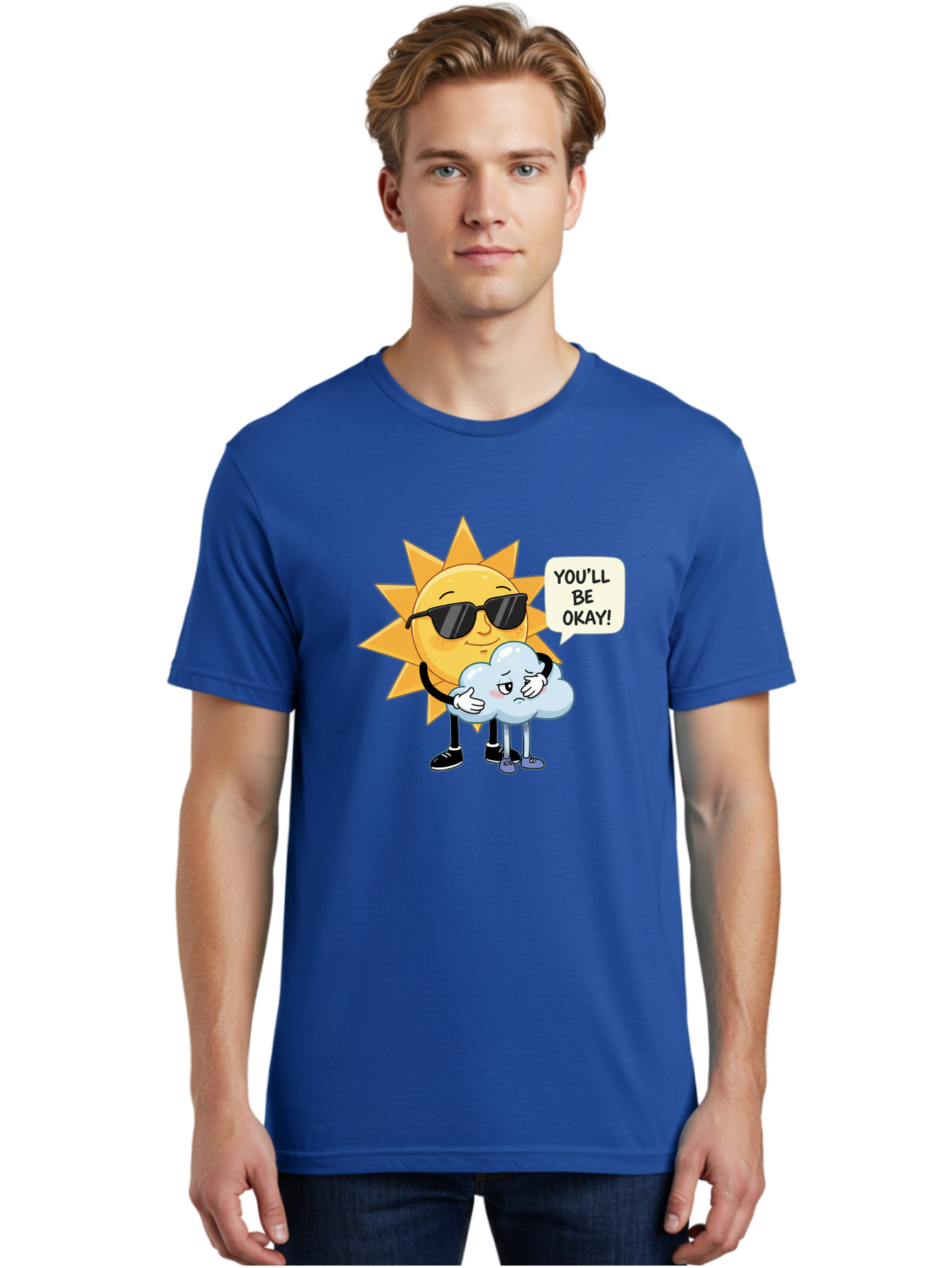 Sun-Comforting-Cloud Men'S Graphic Tee, 100% Cotton, Comfortable Casual Summer Wear, Machine Washable, Sun Wearing Sunglasses, Comforting A Sad Cloud, You'Ll Be Okay!, Emotional Support, Cartoon Characters, Positive Vibes, Bae105