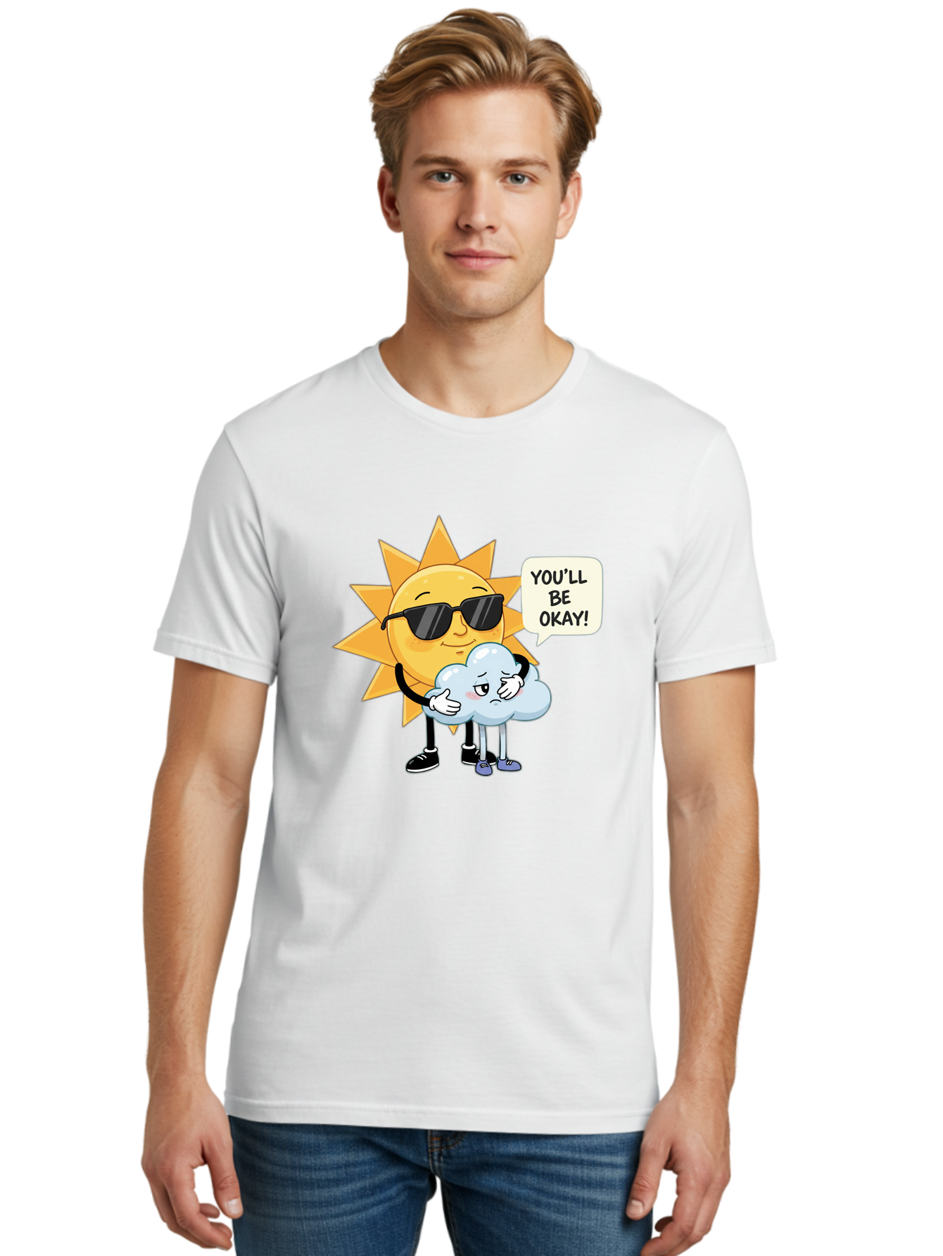 Sun-Comforting-Cloud Men'S Graphic Tee, 100% Cotton, Comfortable Casual Summer Wear, Machine Washable, Sun Wearing Sunglasses, Comforting A Sad Cloud, You'Ll Be Okay!, Emotional Support, Cartoon Characters, Positive Vibes, Bae105