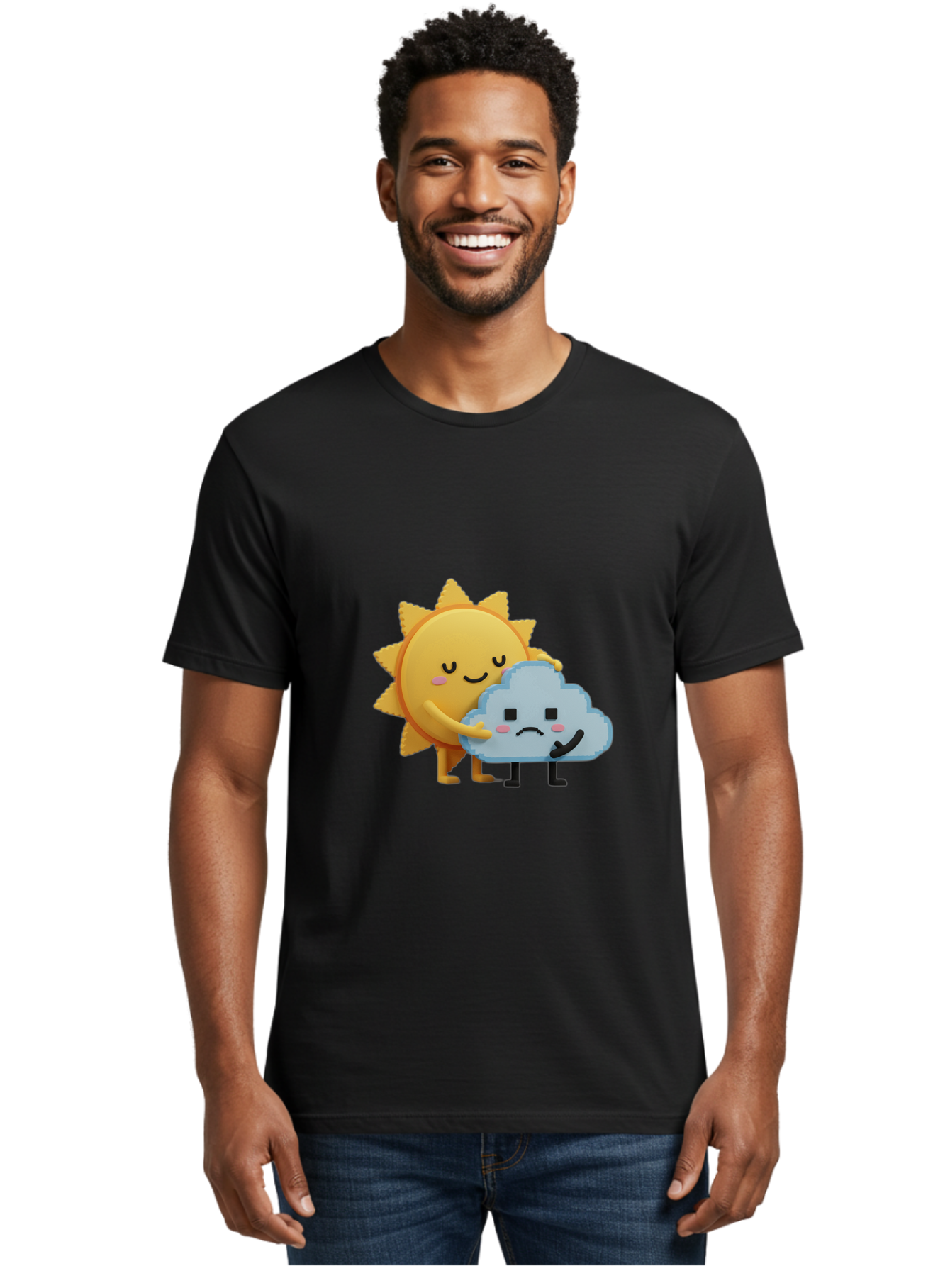 Sun-Hugging-Cloud Men'S Graphic Tee, 100% Cotton, Comfortable Casual Summer Wear, Machine Washable, Sun And Cloud, Smiling Face, Sad Face, Friendship, Anthropomorphic Characters, Emotional Weather, Cartoon Style, Weather Elements, Bae106